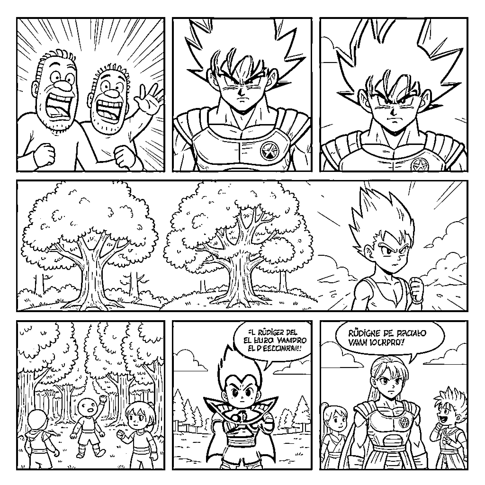 Comic showing various intense action scenes and characters Coloring Page (free black-and-white line drawing printable PDF for all, from beginners to advanced learners, including children, teens, adults, and seniors)