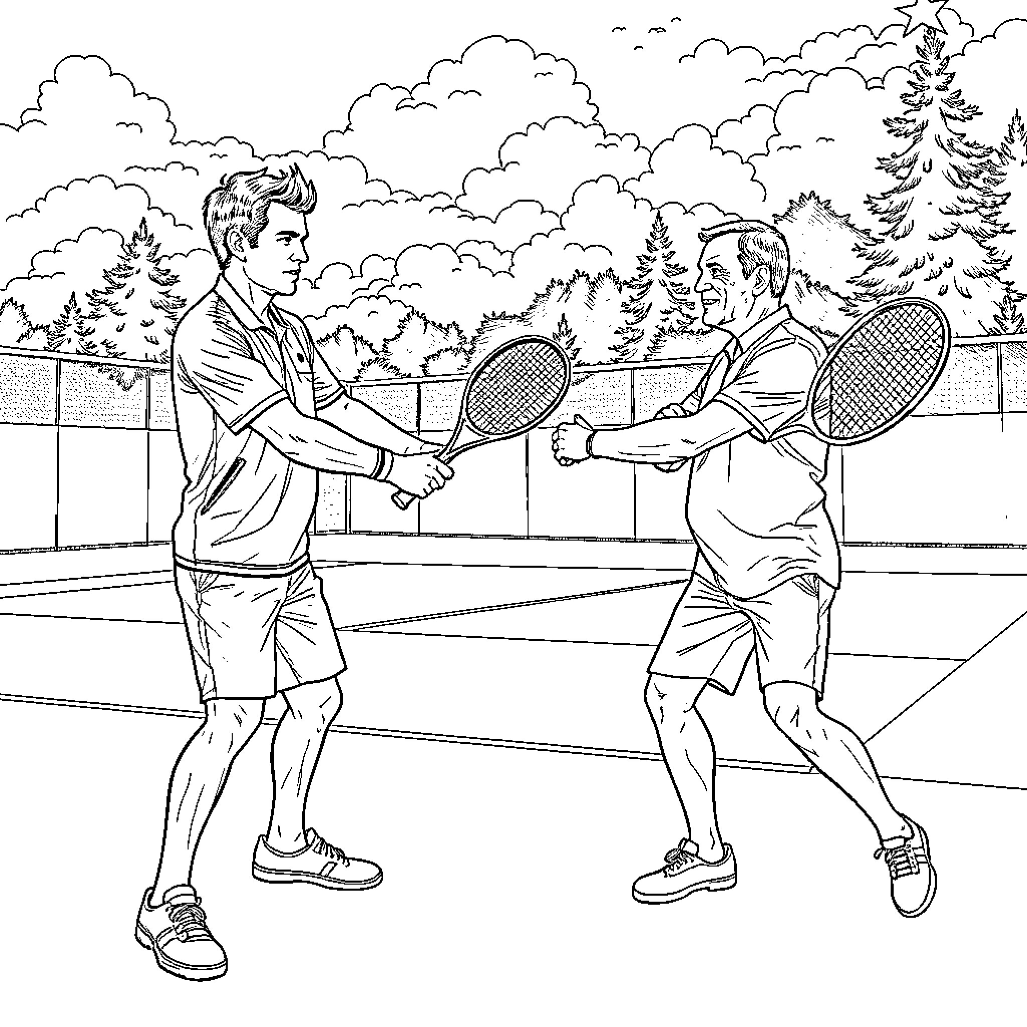 Delyan Peevski plays tennis with a friend on the court Coloring Page (free black-and-white line drawing printable PDF for all, from beginners to advanced learners, including children, teens, adults, and seniors)