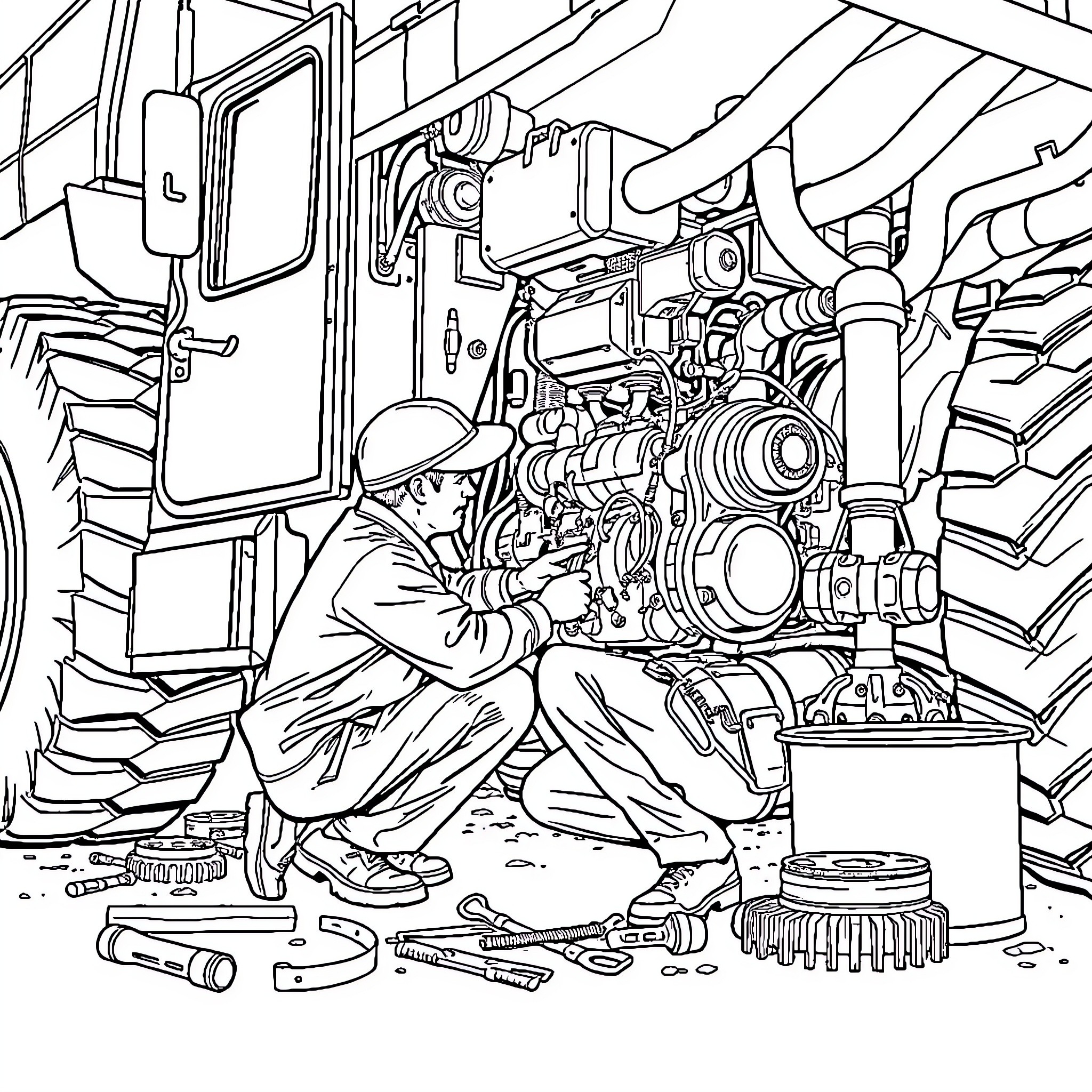 Mechanic Repairing Intricate Machinery in Workshop Coloring Page (free black-and-white line drawing printable PDF for all, from beginners to advanced learners, including children, teens, adults, and seniors)