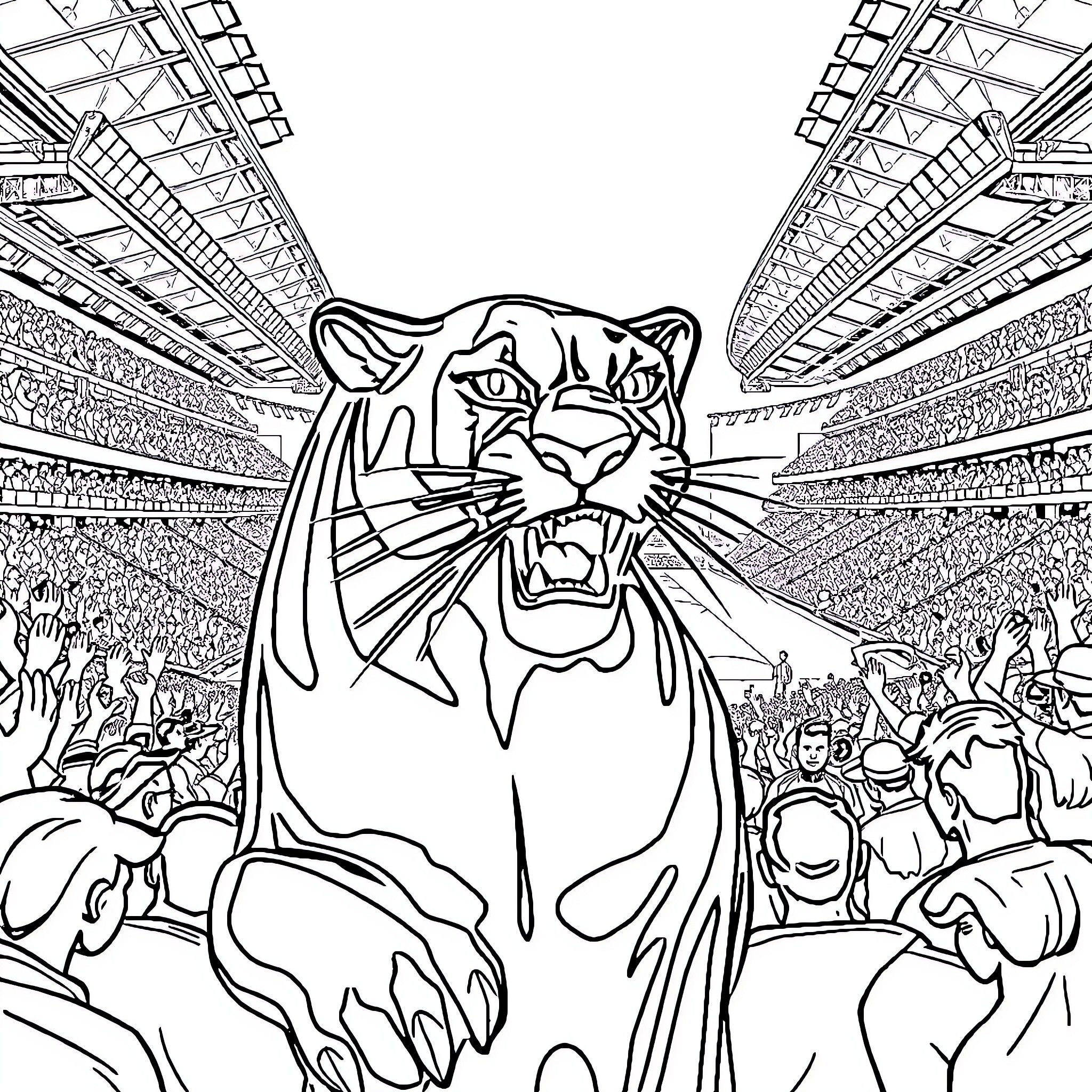 Panther Unleashed in Vibrant Arena Coloring Page (free black-and-white line drawing printable PDF for all, from beginners to advanced learners, including children, teens, adults, and seniors)
