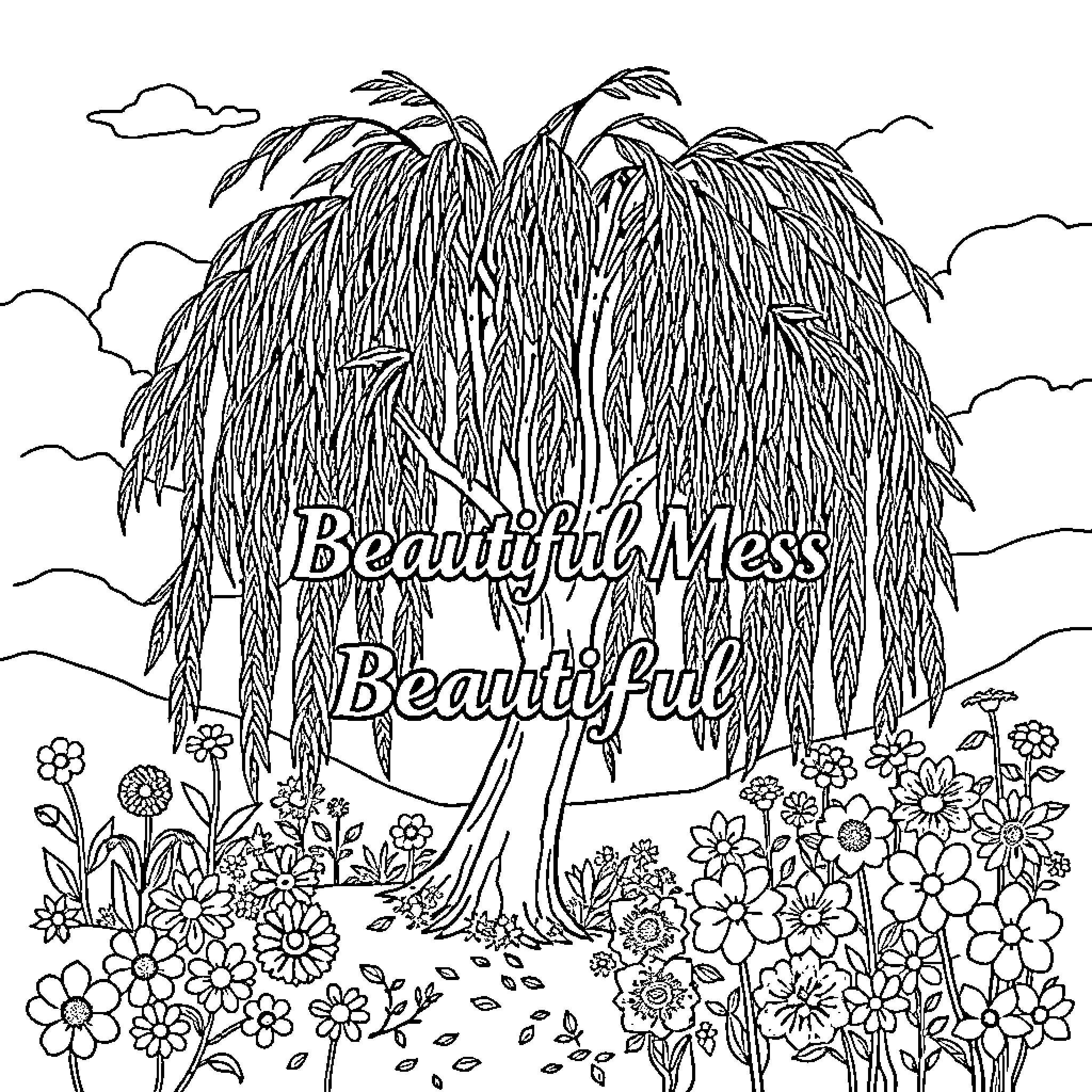 Willow tree and beautiful flowers in a serene landscape Coloring Page (free black-and-white line drawing printable PDF for all, from beginners to advanced learners, including children, teens, adults, and seniors)