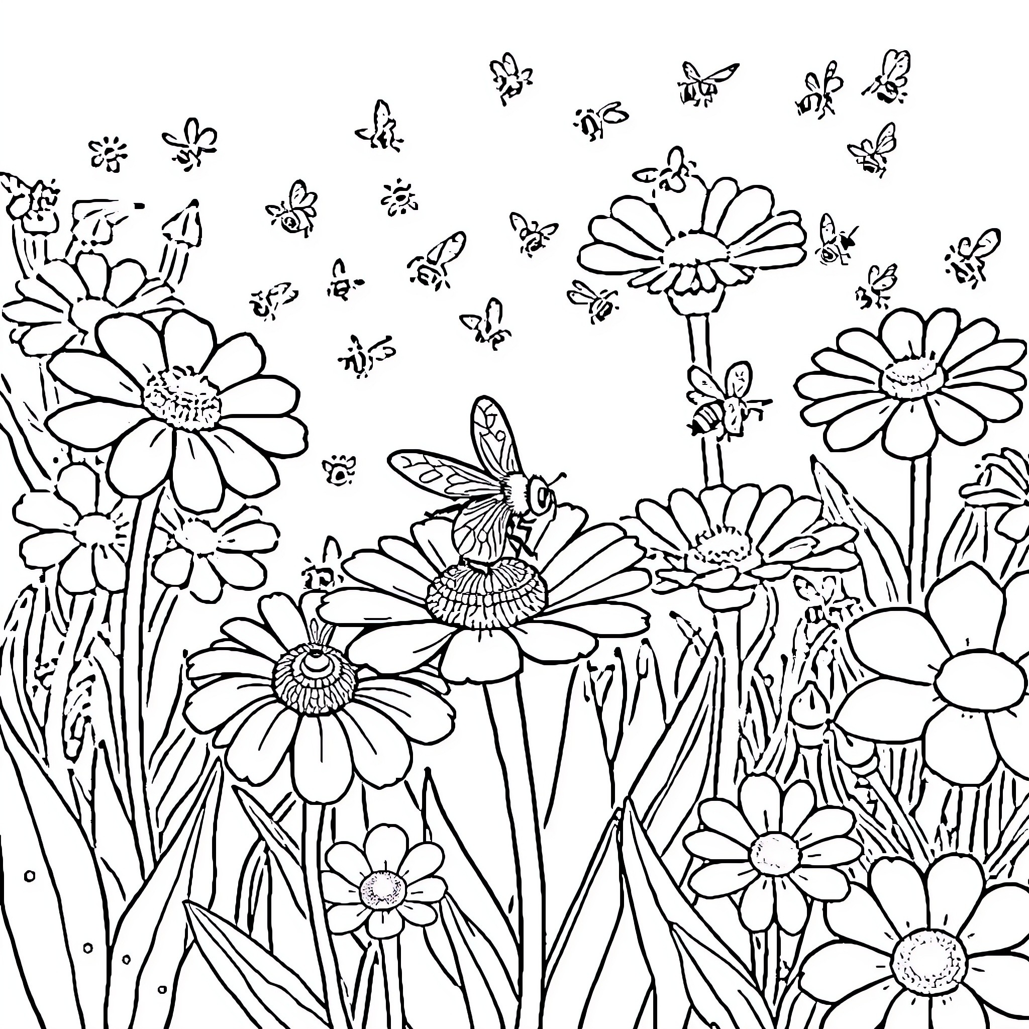 Bee frolicking among vibrant flowers Coloring Page (free black-and-white line drawing printable PDF for all, from beginners to advanced learners, including children, teens, adults, and seniors)