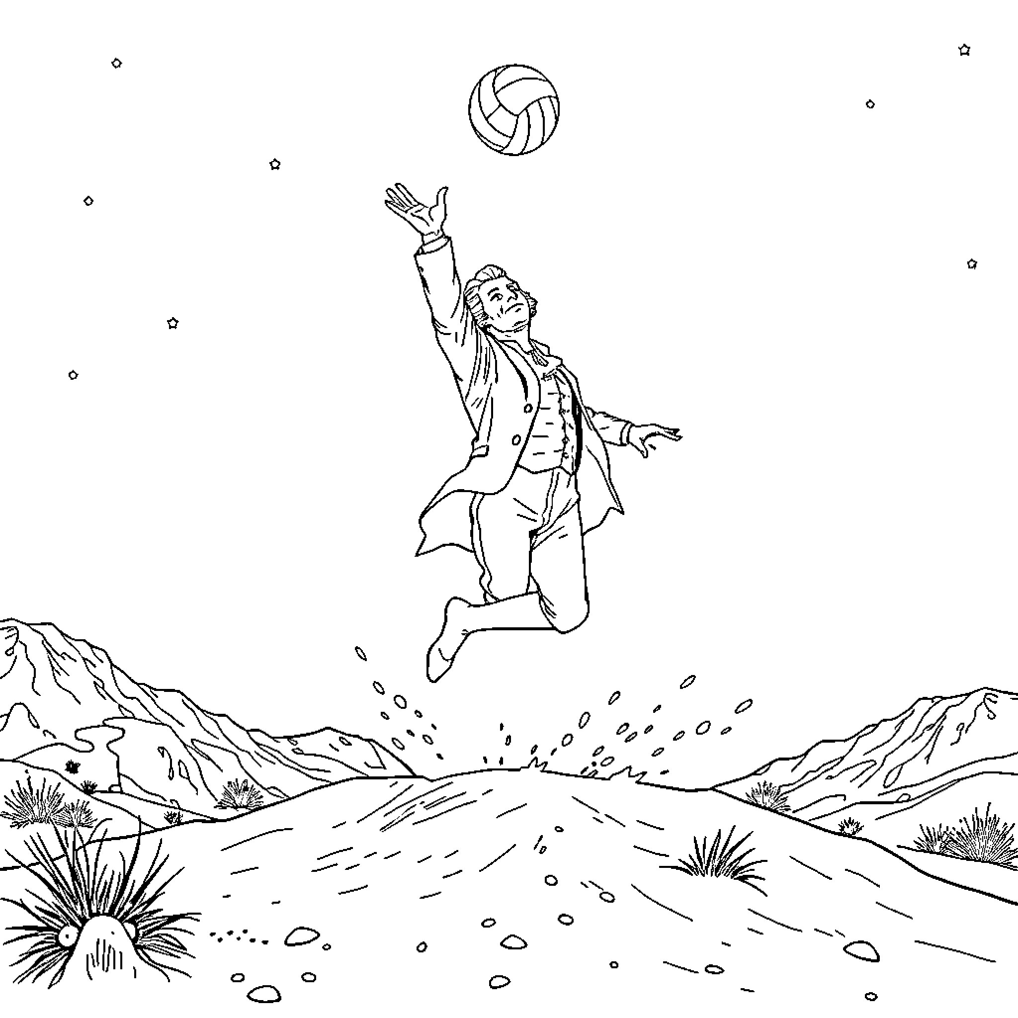 George Washington playing volleyball in the mountains Coloring Page (free black-and-white line drawing printable PDF for all, from beginners to advanced learners, including children, teens, adults, and seniors)
