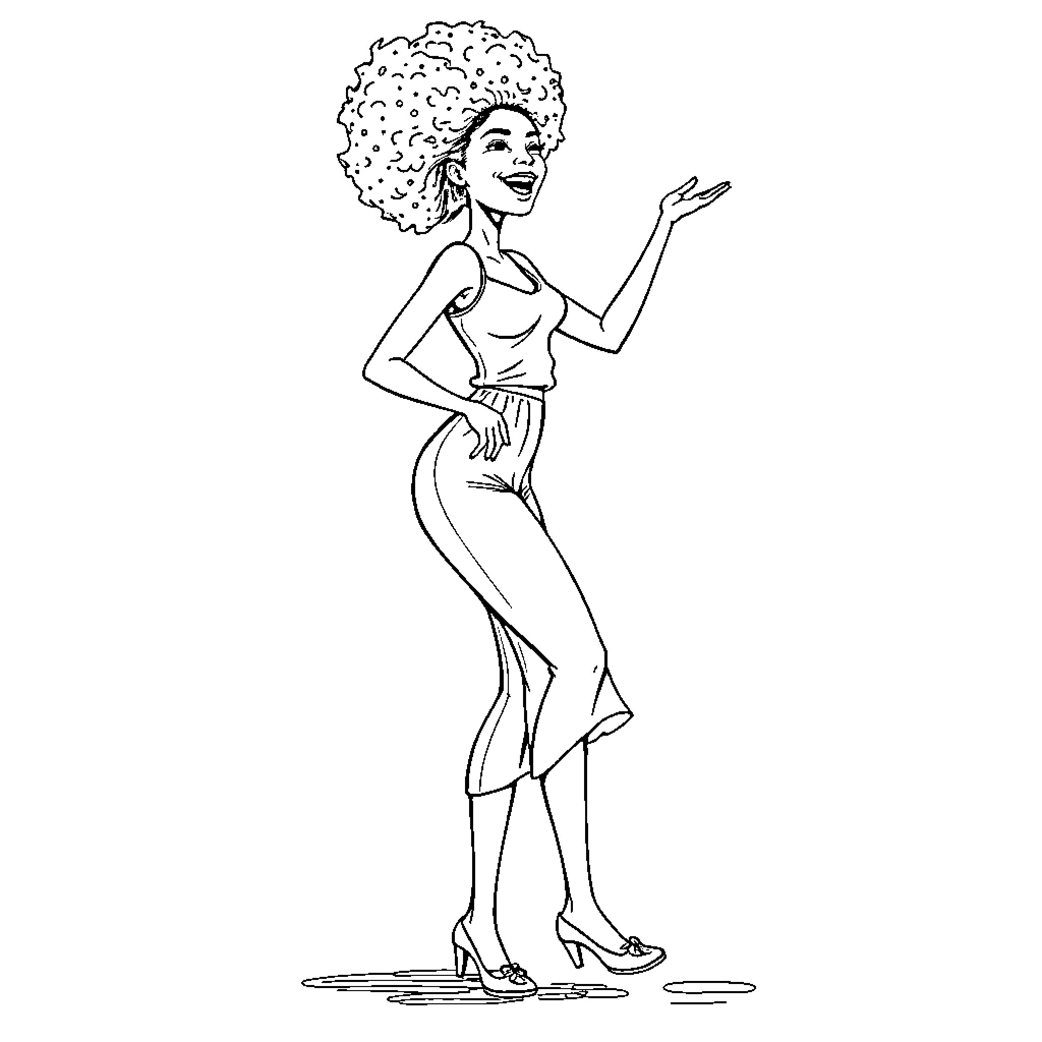 Girl in stylish outfit posing confidently Coloring Page (free black-and-white line drawing printable PDF for all, from beginners to advanced learners, including children, teens, adults, and seniors)