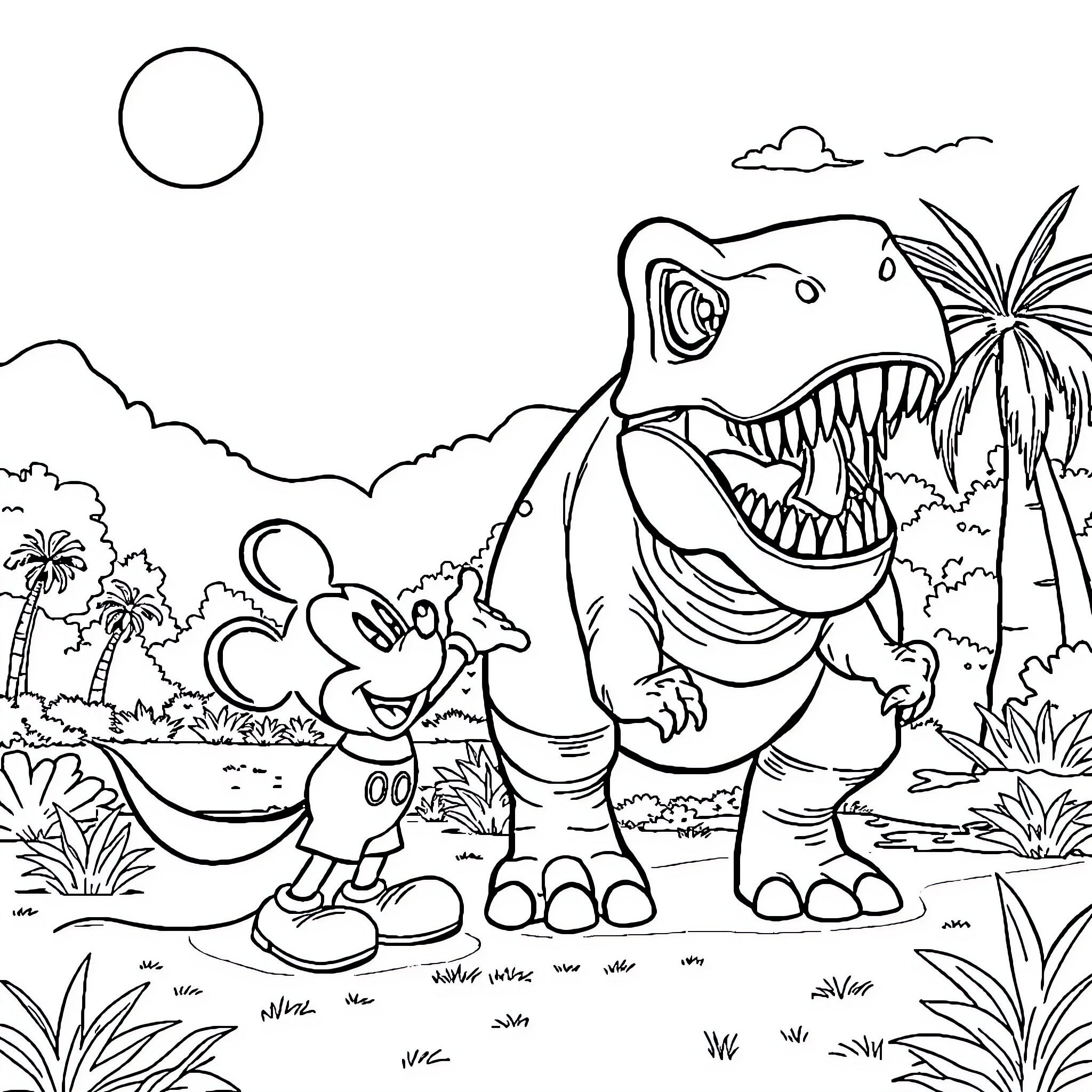 Mickey's Jungle Adventure with Dinosaur Friend Coloring Page (free black-and-white line drawing printable PDF for all, from beginners to advanced learners, including children, teens, adults, and seniors)