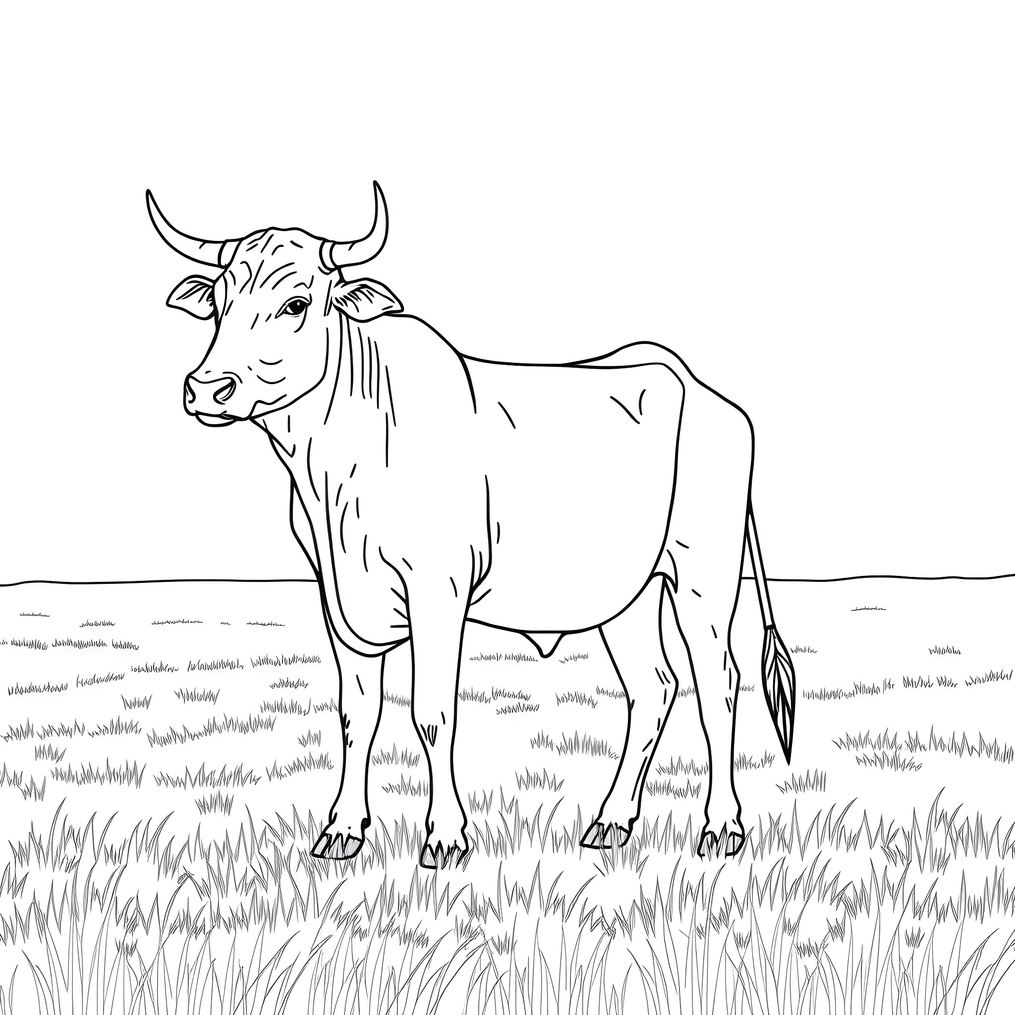 Cow standing in grassy field Coloring Page (free black-and-white line drawing printable PDF for all, from beginners to advanced learners, including children, teens, adults, and seniors)