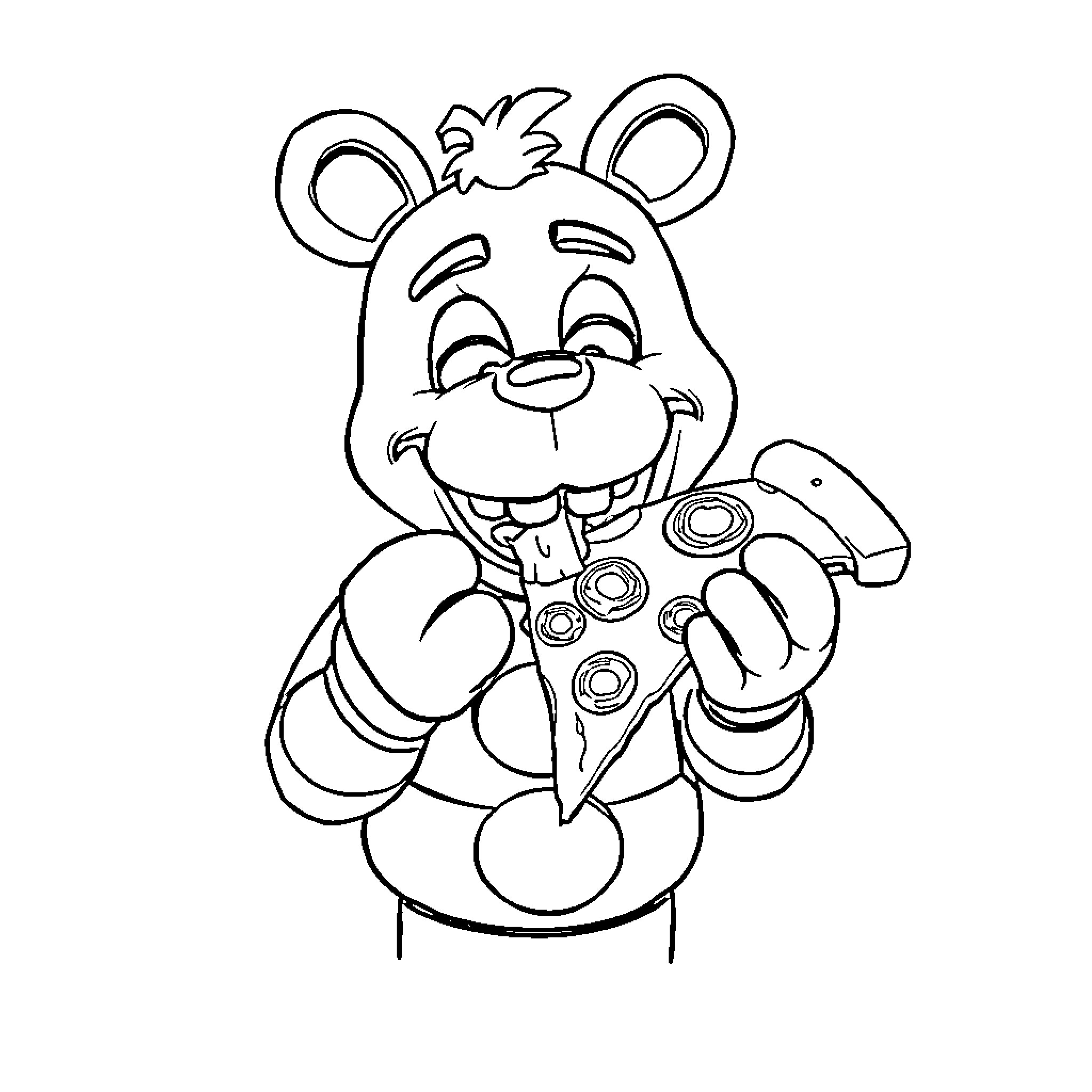 Freddy Fazbear playing with video game controller Coloring Page (free black-and-white line drawing printable PDF for all, from beginners to advanced learners, including children, teens, adults, and seniors)