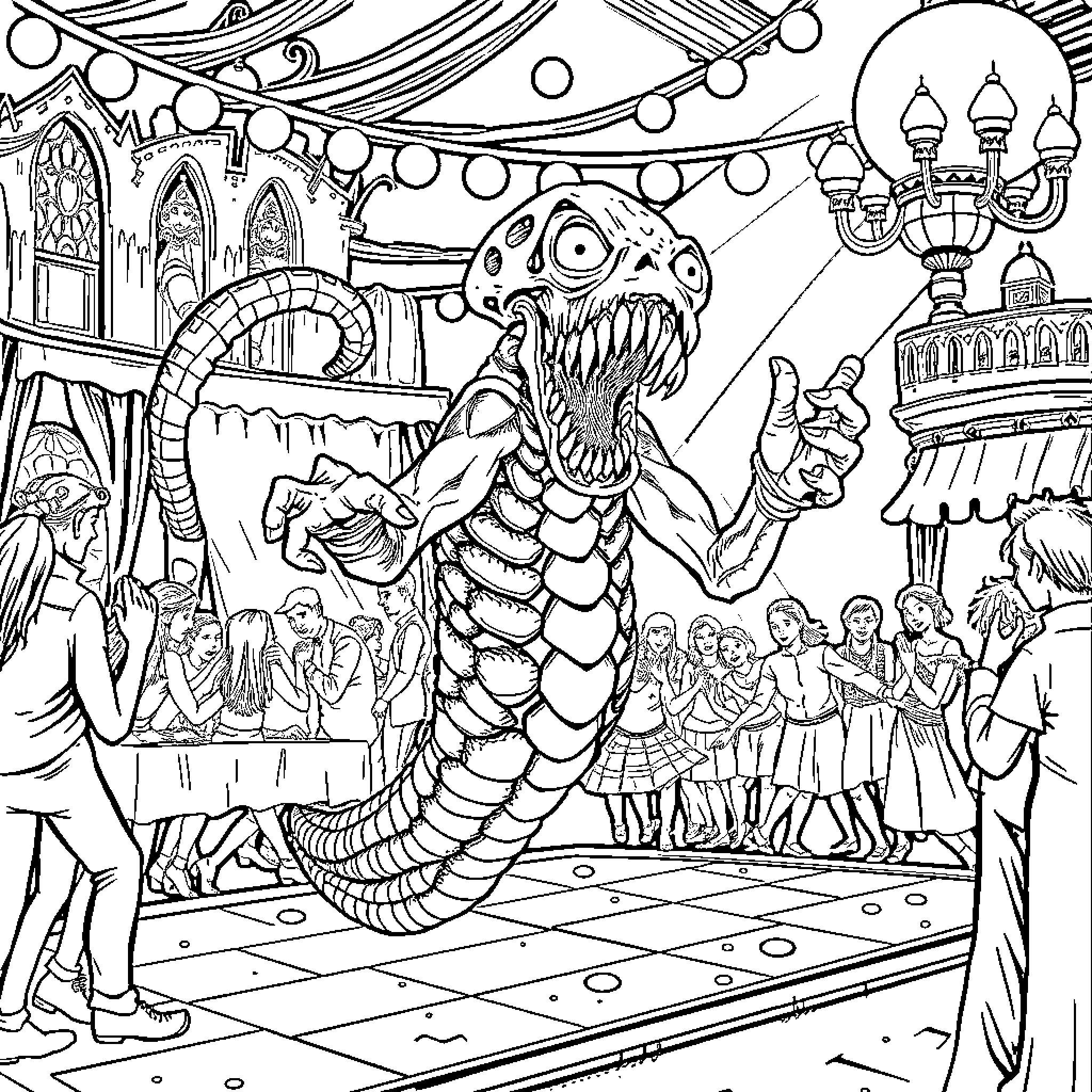 Kraken Terrorizes Carnival Crowd Coloring Page (free black-and-white line drawing printable PDF for all, from beginners to advanced learners, including children, teens, adults, and seniors)