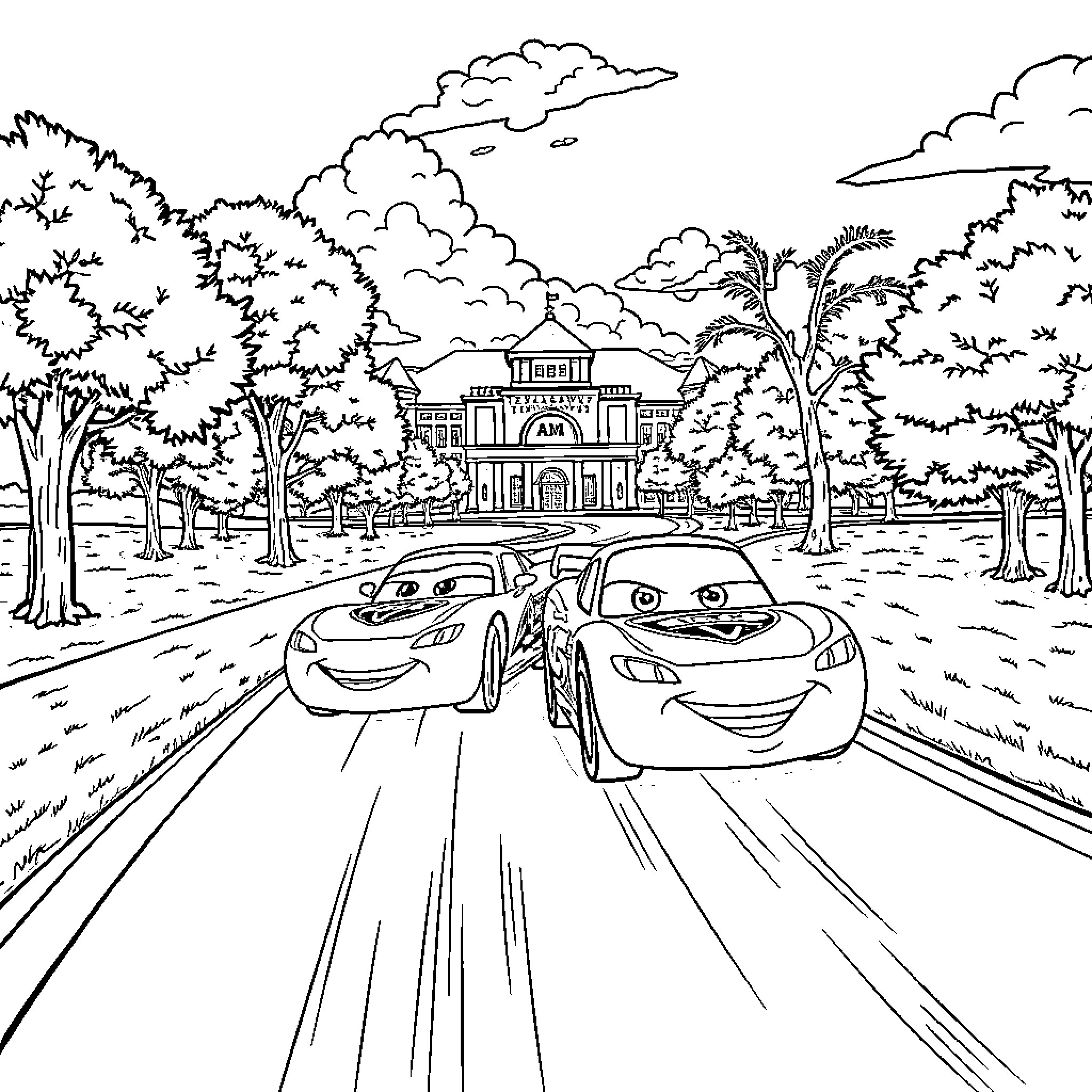 Lightning McQueen racing through a scenic countryside Coloring Page (free black-and-white line drawing printable PDF for all, from beginners to advanced learners, including children, teens, adults, and seniors)