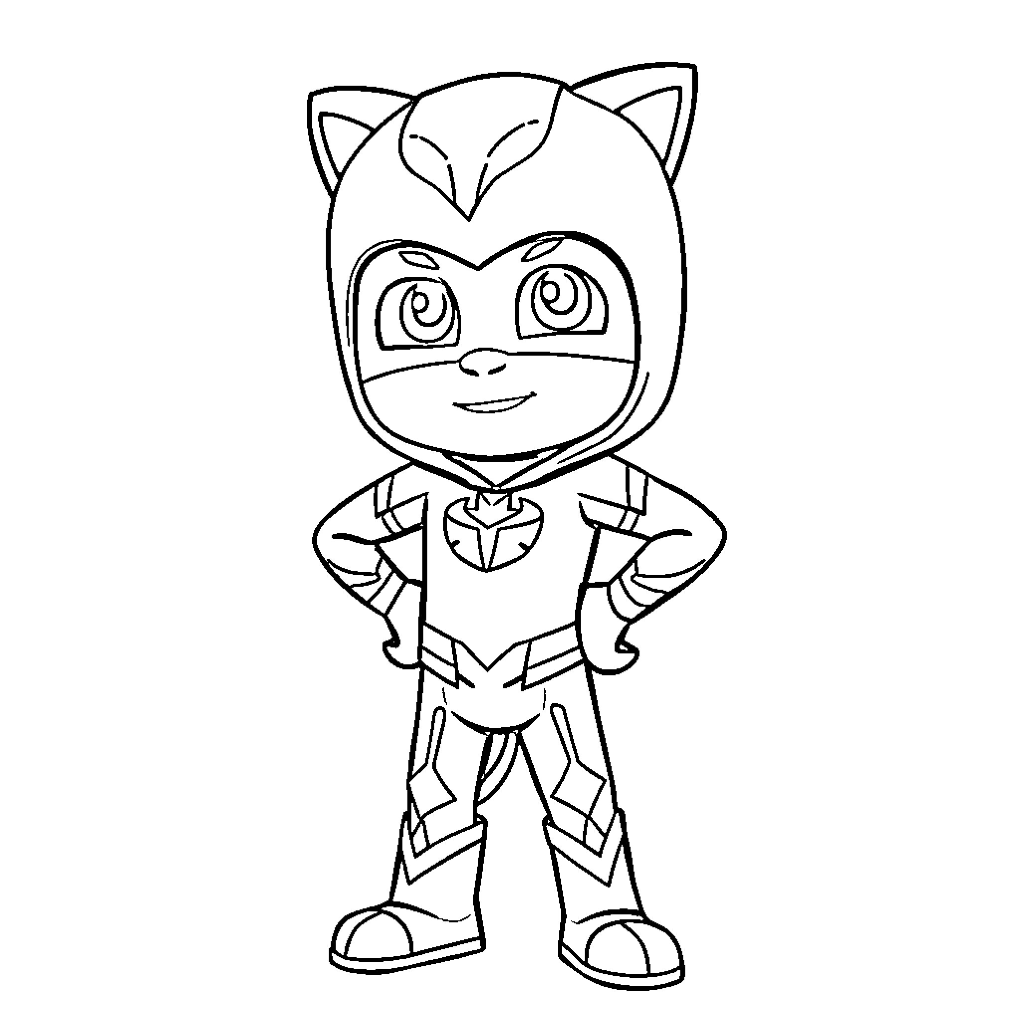 Catboy in heroic pose with distinctive costume Coloring Page (free black-and-white line drawing printable PDF for all, from beginners to advanced learners, including children, teens, adults, and seniors)