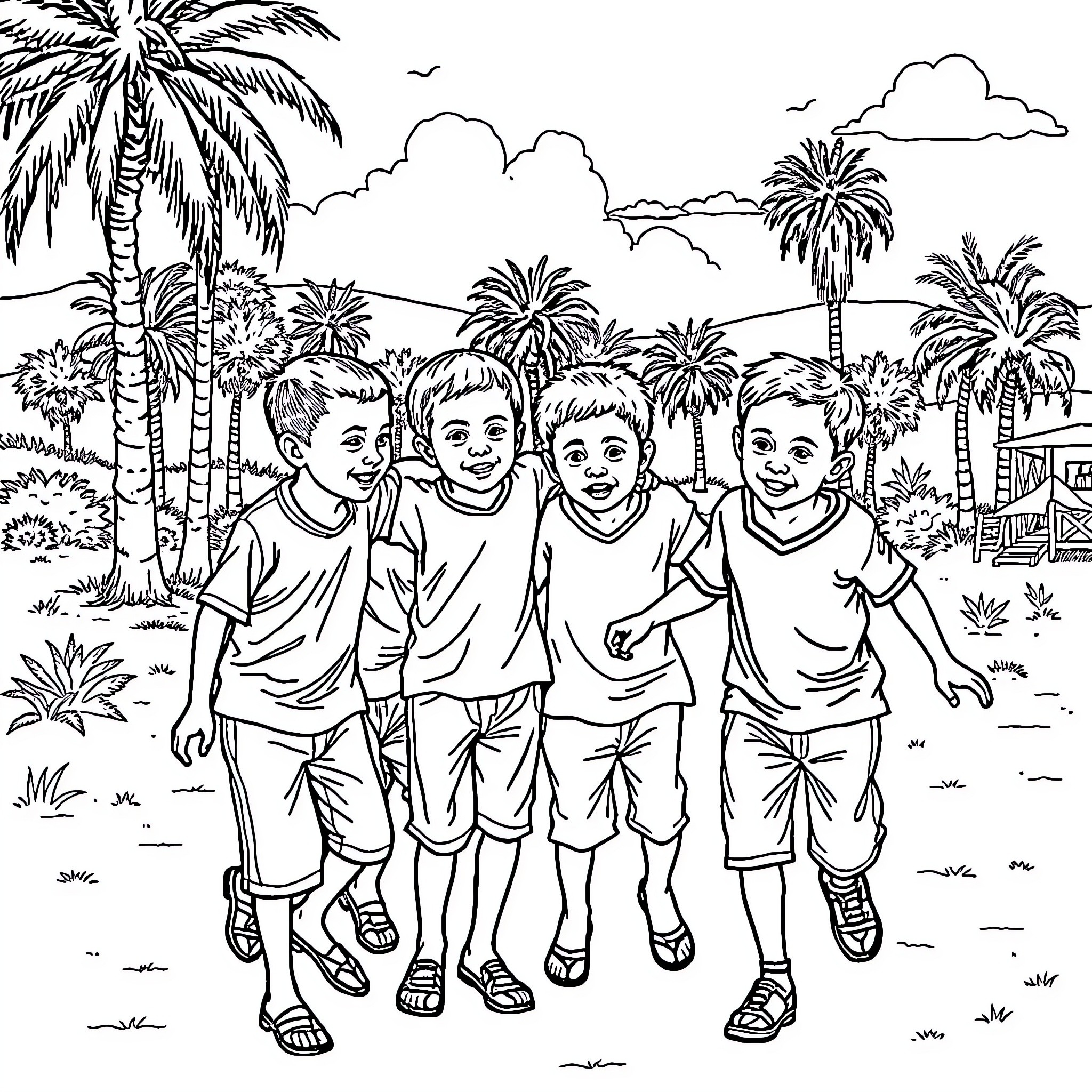 Boy friends playing together in tropical setting Coloring Page (free black-and-white line drawing printable PDF for all, from beginners to advanced learners, including children, teens, adults, and seniors)