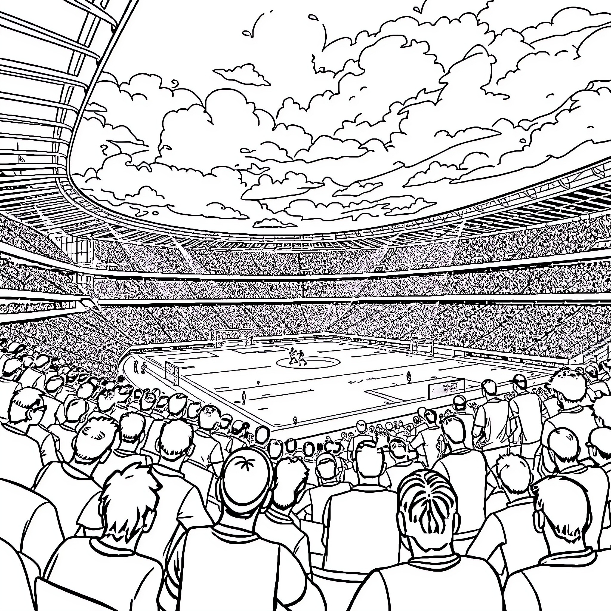 Estadio: Lively Crowd Watches Sporting Event Coloring Page (free black-and-white line drawing printable PDF for all, from beginners to advanced learners, including children, teens, adults, and seniors)