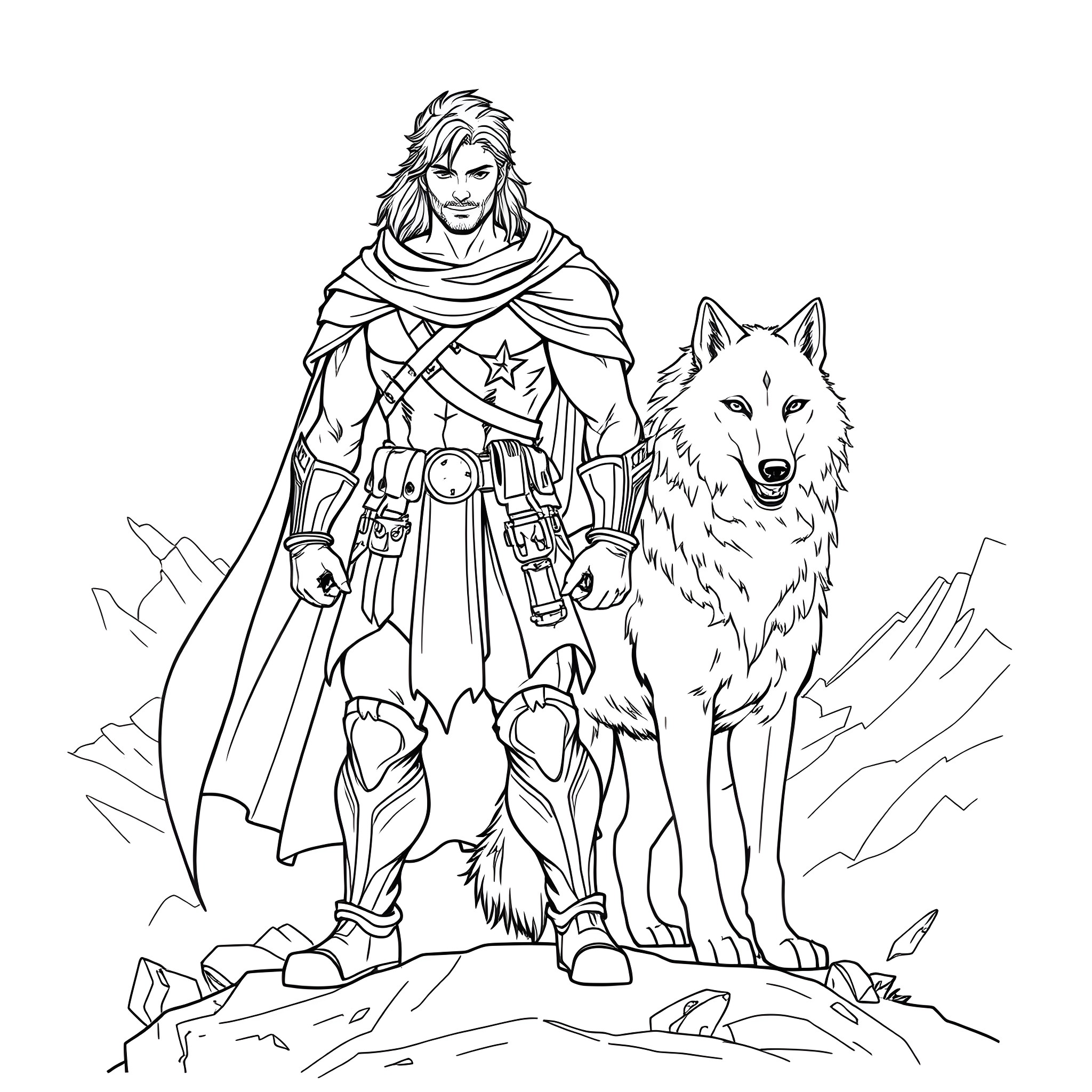Superhero Warrior and Loyal Wolf on Mountain Path Coloring Page (free black-and-white line drawing printable PDF for all, from beginners to advanced learners, including children, teens, adults, and seniors)