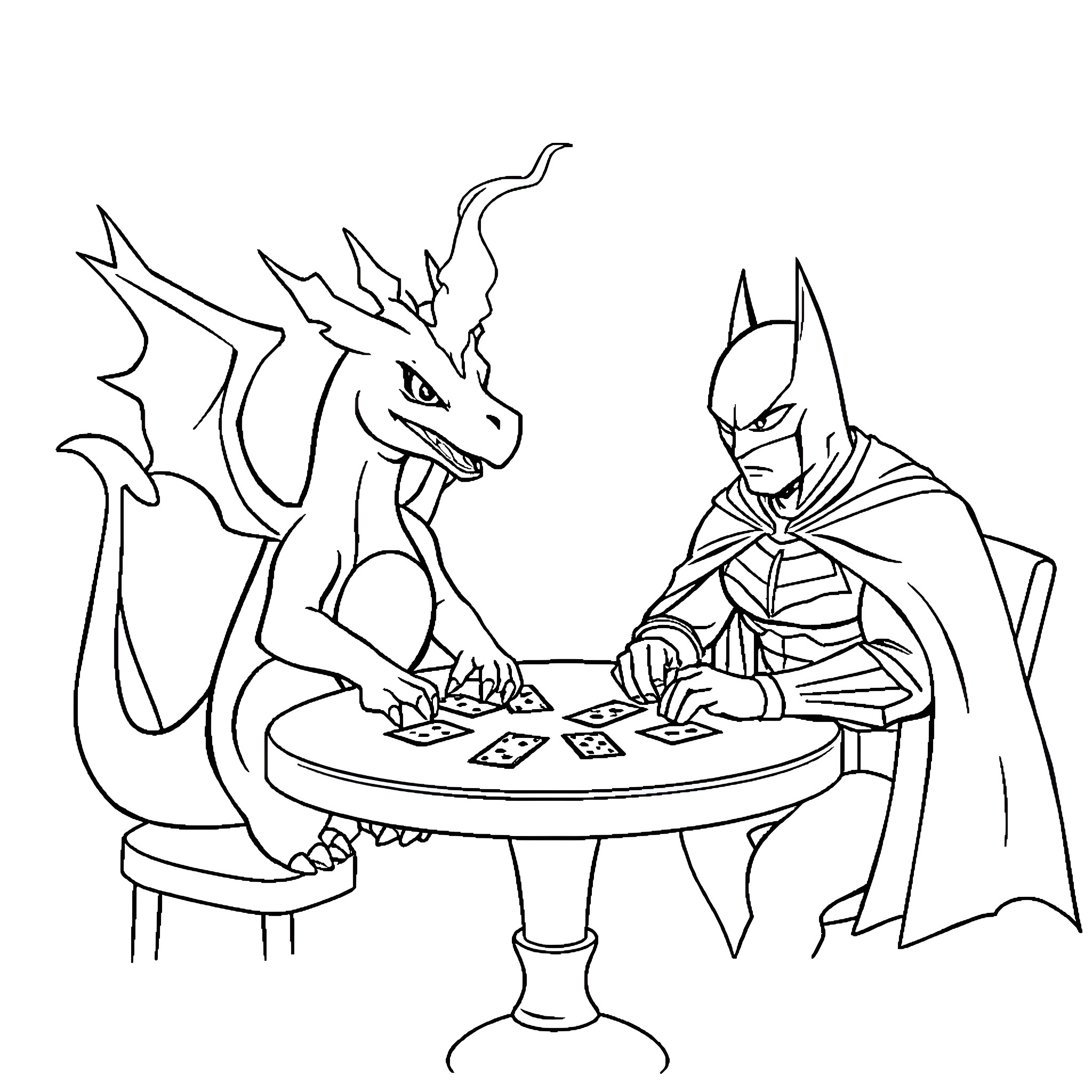 Charizard playing a game with Batman Coloring Page (free black-and-white line drawing printable PDF for all, from beginners to advanced learners, including children, teens, adults, and seniors)