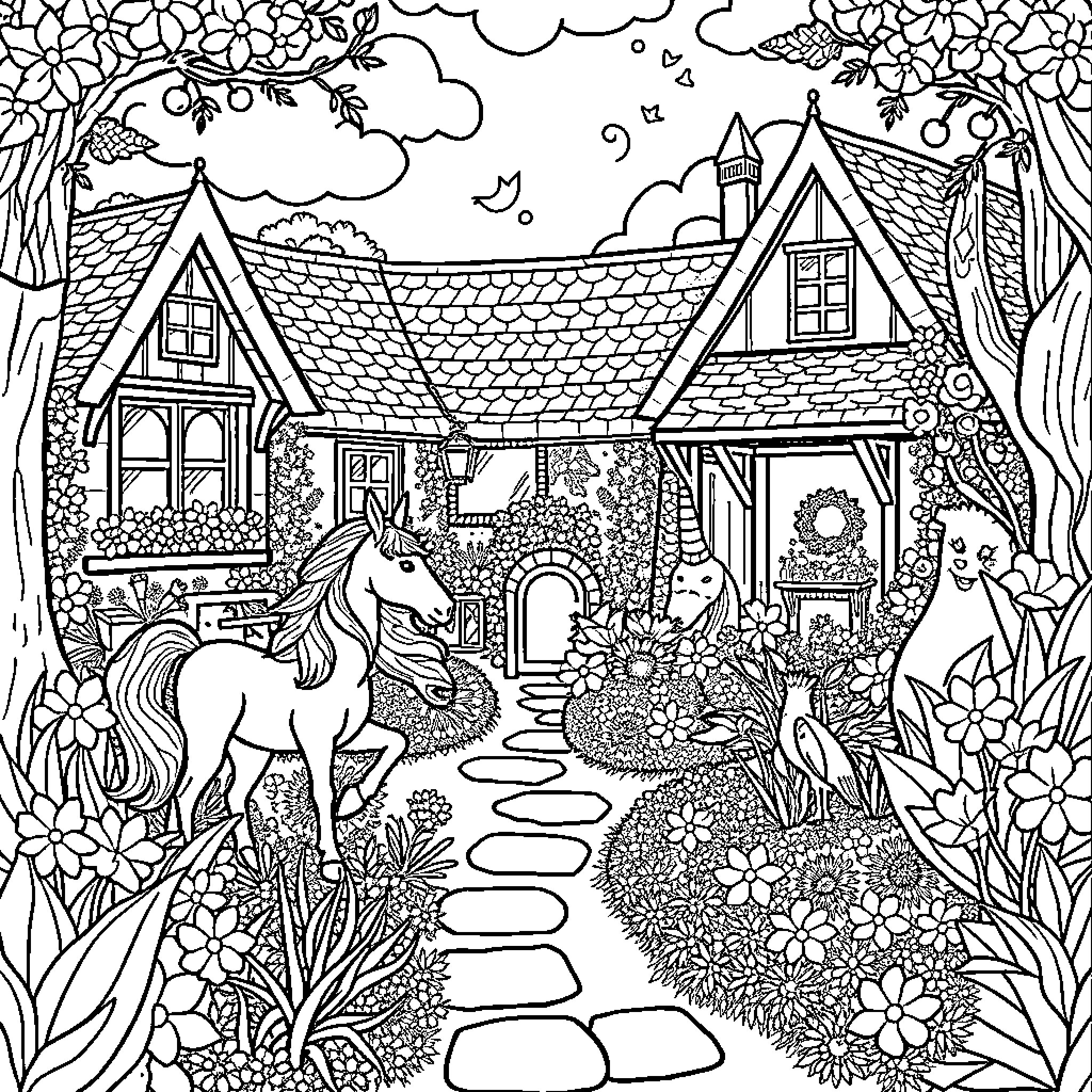 Unicorn in a Magical Garden Landscape Coloring Page (free black-and-white line drawing printable PDF for all, from beginners to advanced learners, including children, teens, adults, and seniors)