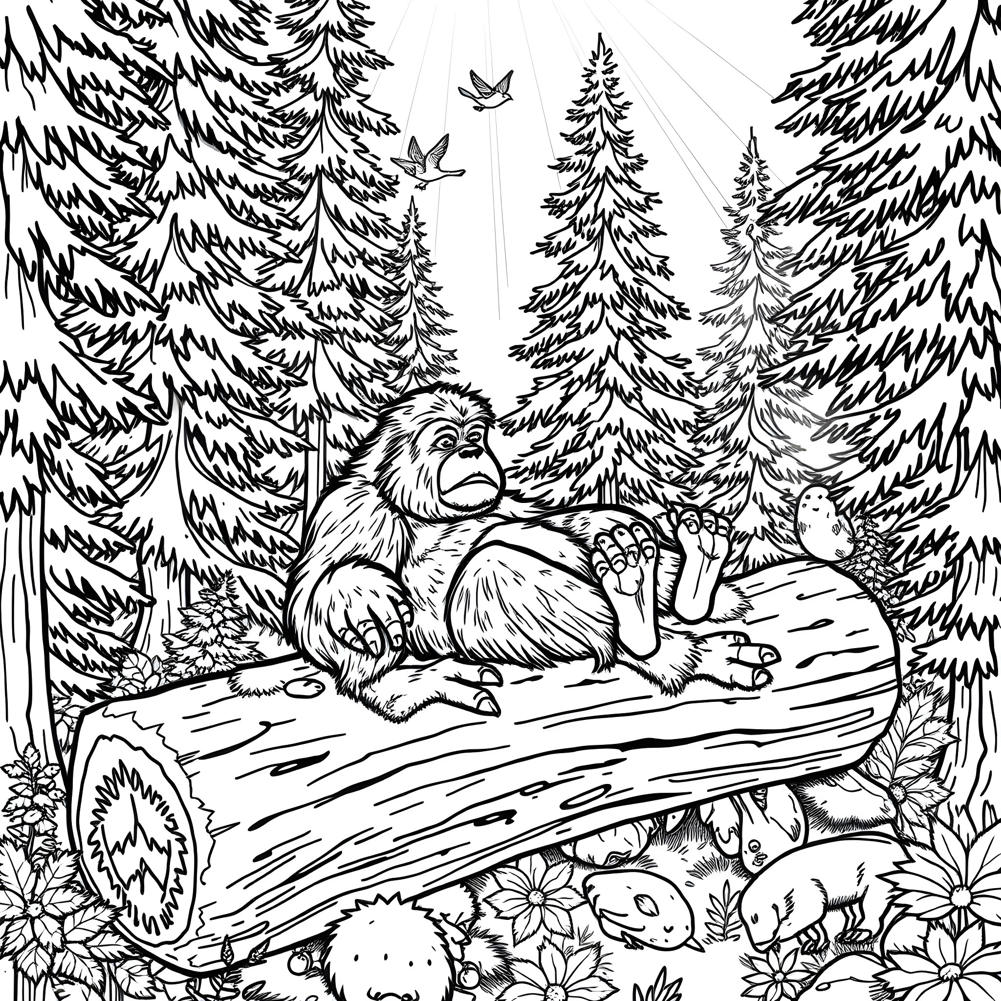 Sasquatch lounging in the forest Coloring Page (free black-and-white line drawing printable PDF for all, from beginners to advanced learners, including children, teens, adults, and seniors)