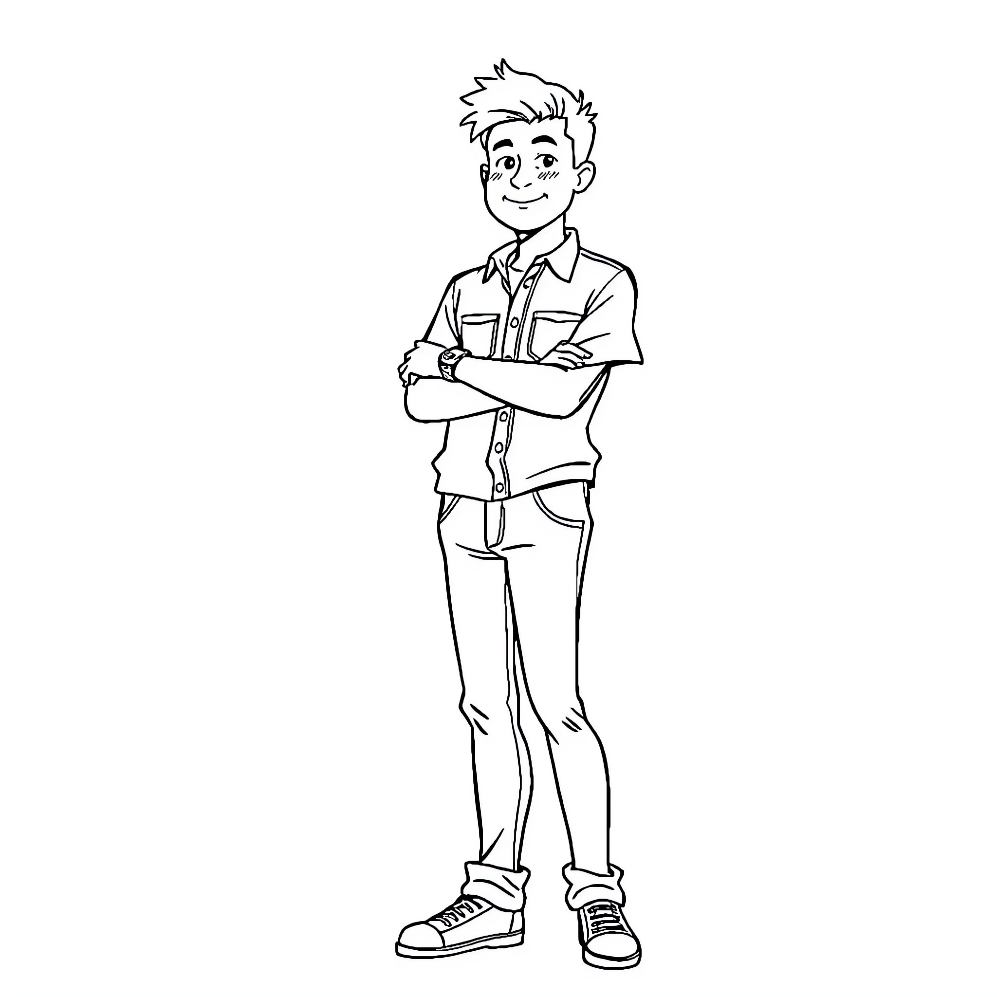 Adult casual man standing with folded arms Coloring Page (free black-and-white line drawing printable PDF for all, from beginners to advanced learners, including children, teens, adults, and seniors)