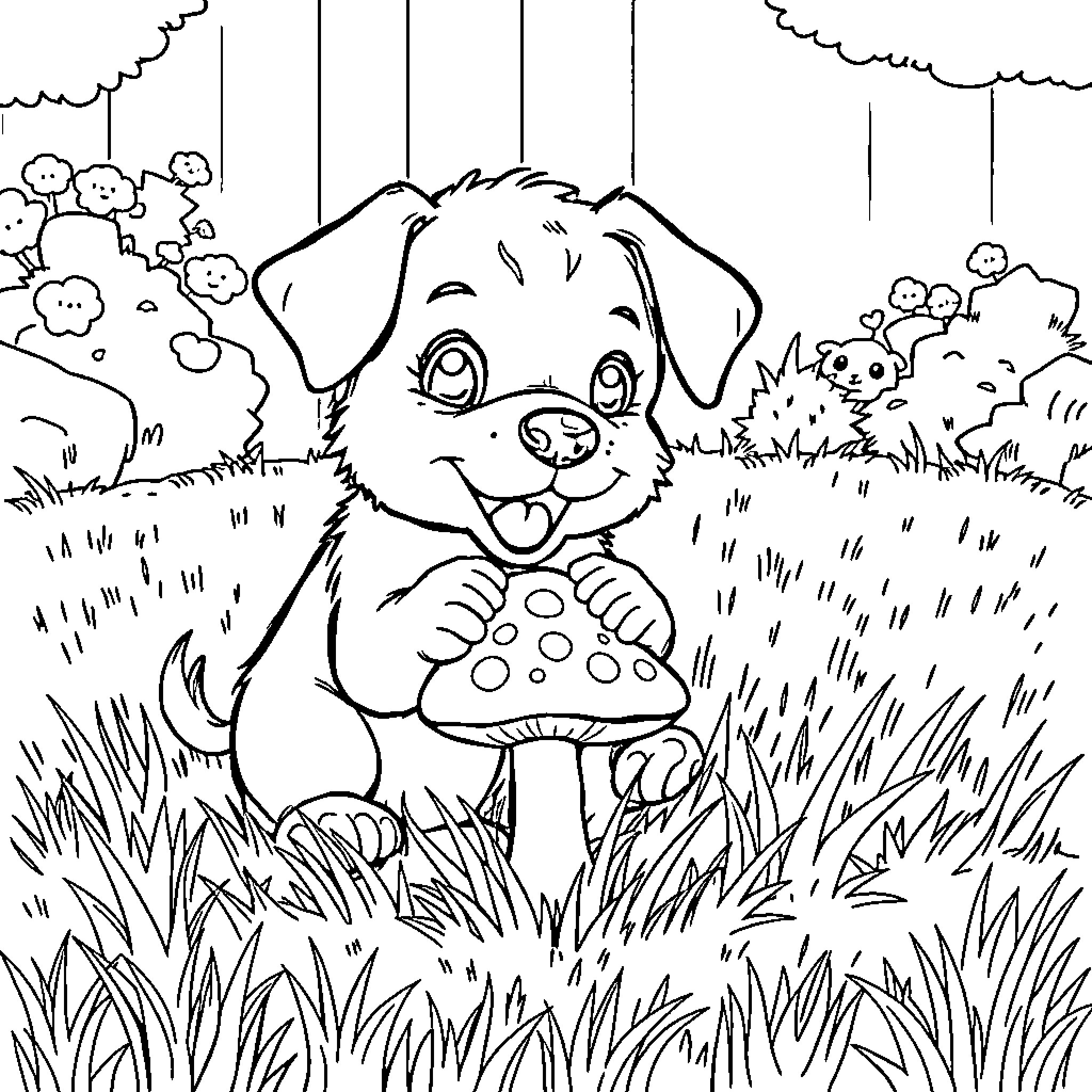 Puppy exploring the forest with a mushroom Coloring Page (free black-and-white line drawing printable PDF for all, from beginners to advanced learners, including children, teens, adults, and seniors)