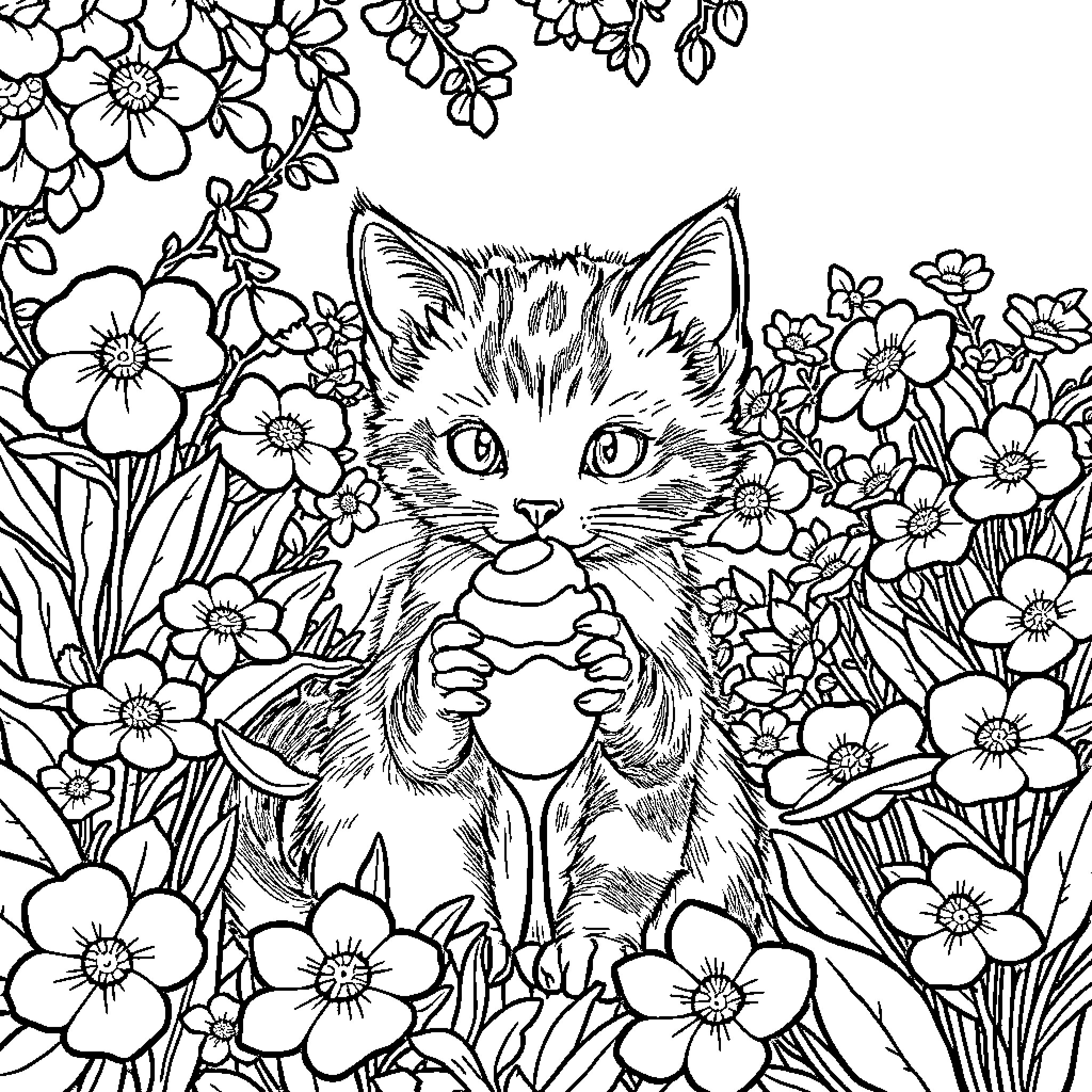 Kitten surrounded by blooming flowers Coloring Page (free black-and-white line drawing printable PDF for all, from beginners to advanced learners, including children, teens, adults, and seniors)