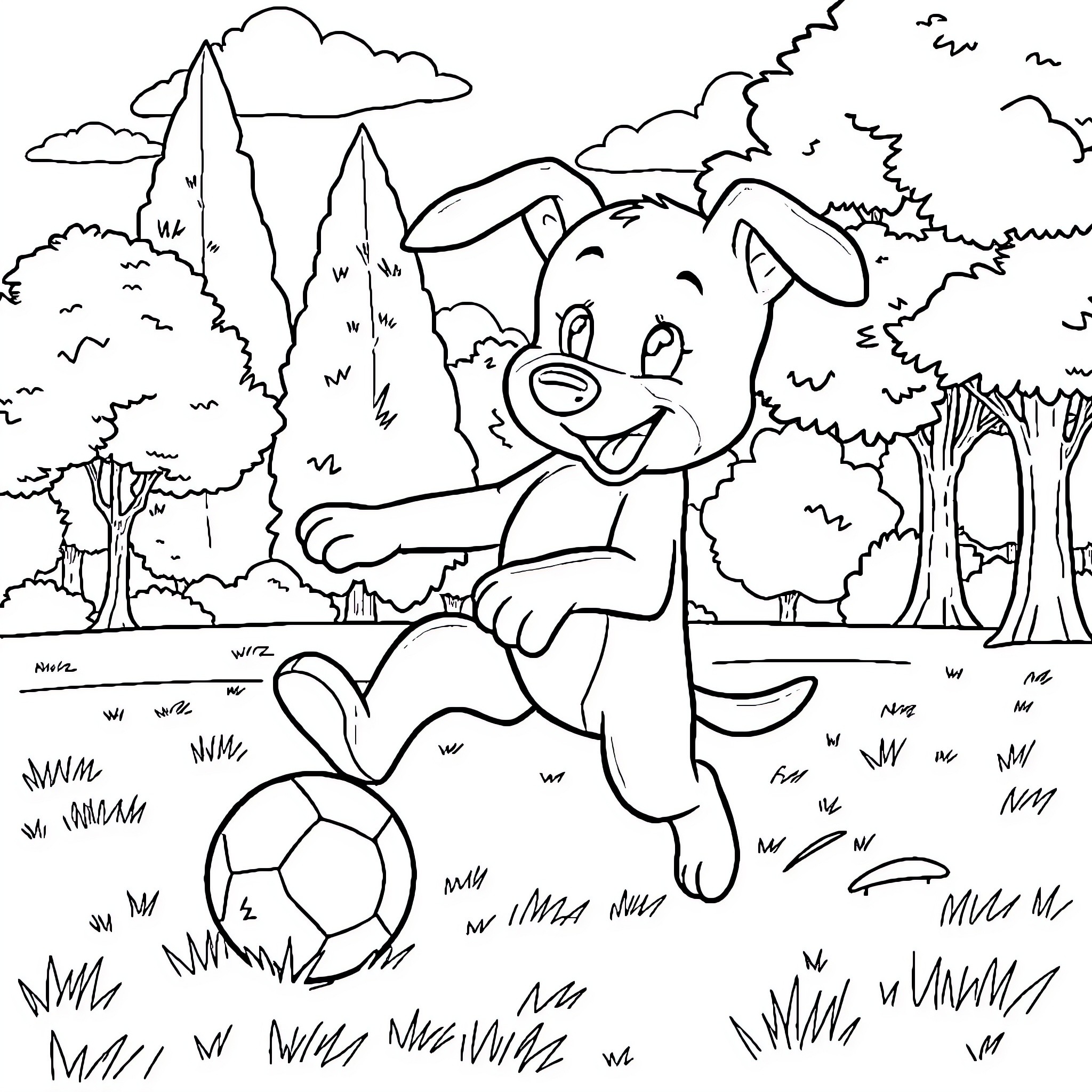 Bluey playing happily with ball in the park Coloring Page (free black-and-white line drawing printable PDF for all, from beginners to advanced learners, including children, teens, adults, and seniors)