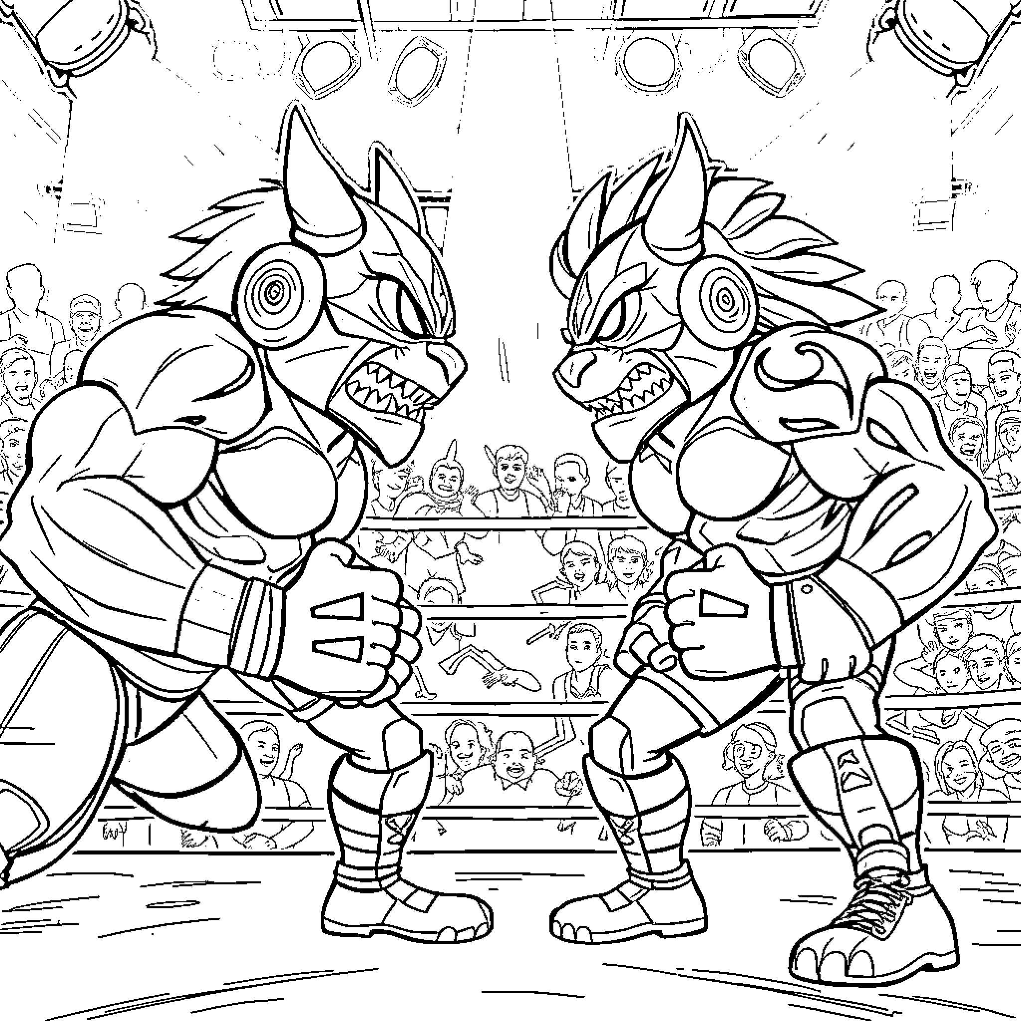 Wrestling Two Fierce Monsters in the Ring Coloring Page (free black-and-white line drawing printable PDF for all, from beginners to advanced learners, including children, teens, adults, and seniors)