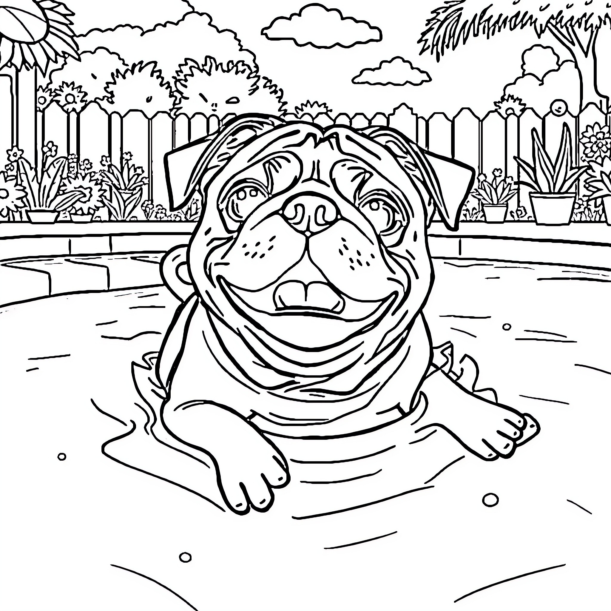 Pug having fun in the garden Coloring Page (free black-and-white line drawing printable PDF for all, from beginners to advanced learners, including children, teens, adults, and seniors)