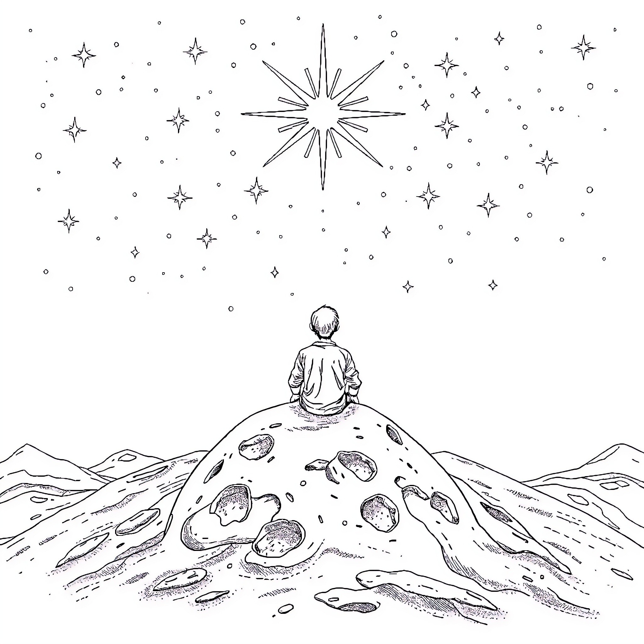 Man gazing at the starry night sky Coloring Page (free black-and-white line drawing printable PDF for all, from beginners to advanced learners, including children, teens, adults, and seniors)