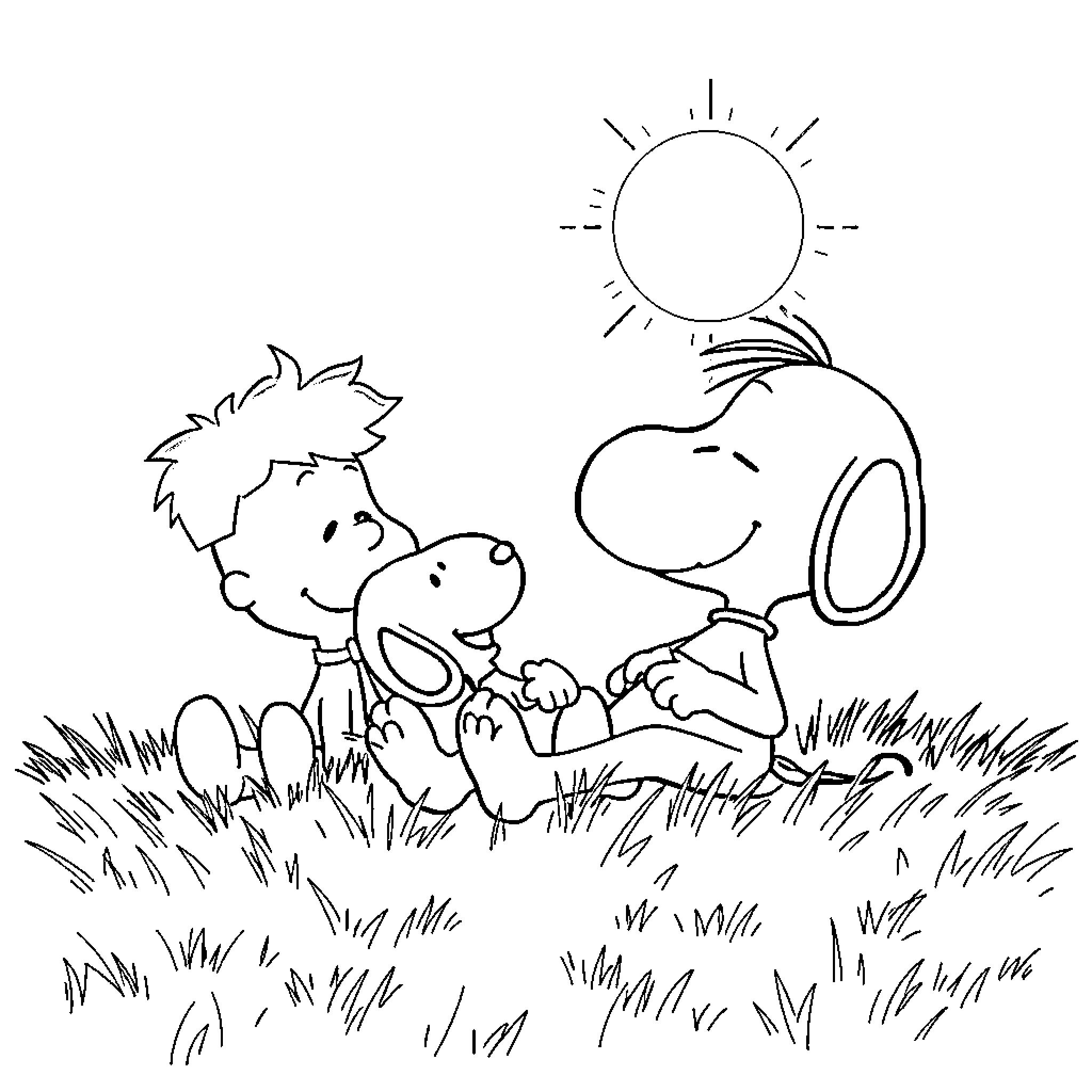 Snoopy and friends relaxing in the sun Coloring Page (free black-and-white line drawing printable PDF for all, from beginners to advanced learners, including children, teens, adults, and seniors)