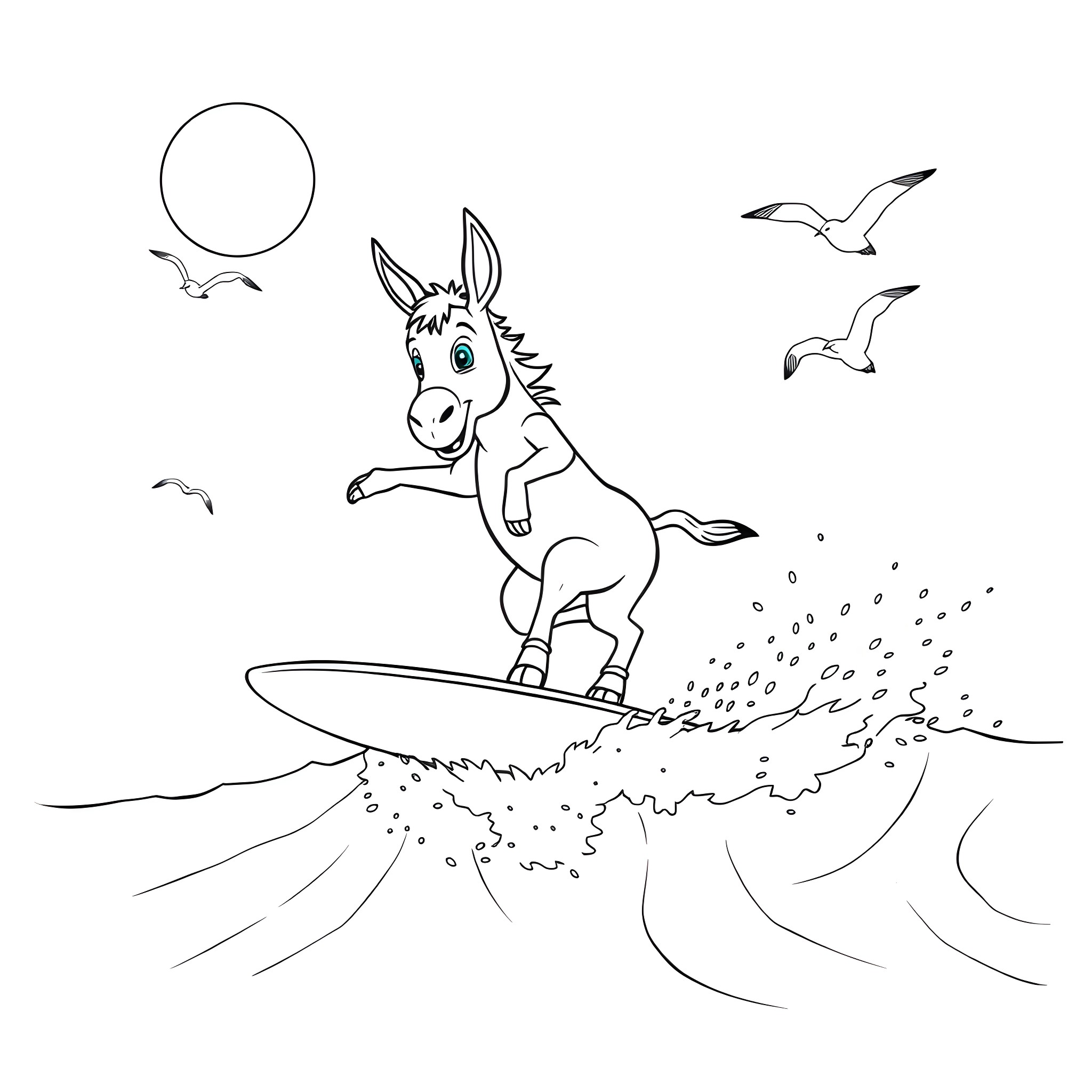 Donkey surfing on the waves with seagulls Coloring Page (free black-and-white line drawing printable PDF for all, from beginners to advanced learners, including children, teens, adults, and seniors)