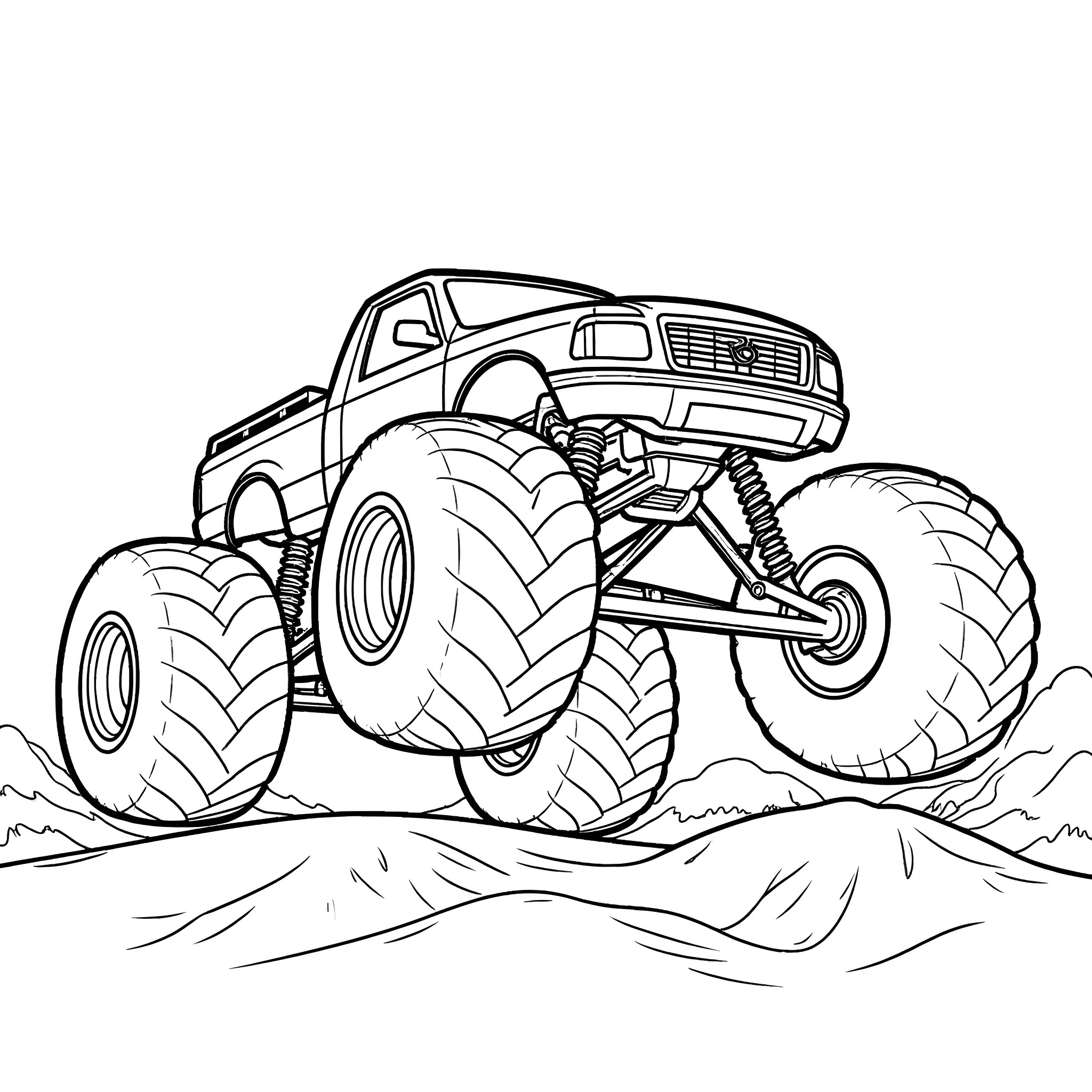 Monster Truck Performing Extreme Off-Road Stunts Coloring Page (free black-and-white line drawing printable PDF for all, from beginners to advanced learners, including children, teens, adults, and seniors)