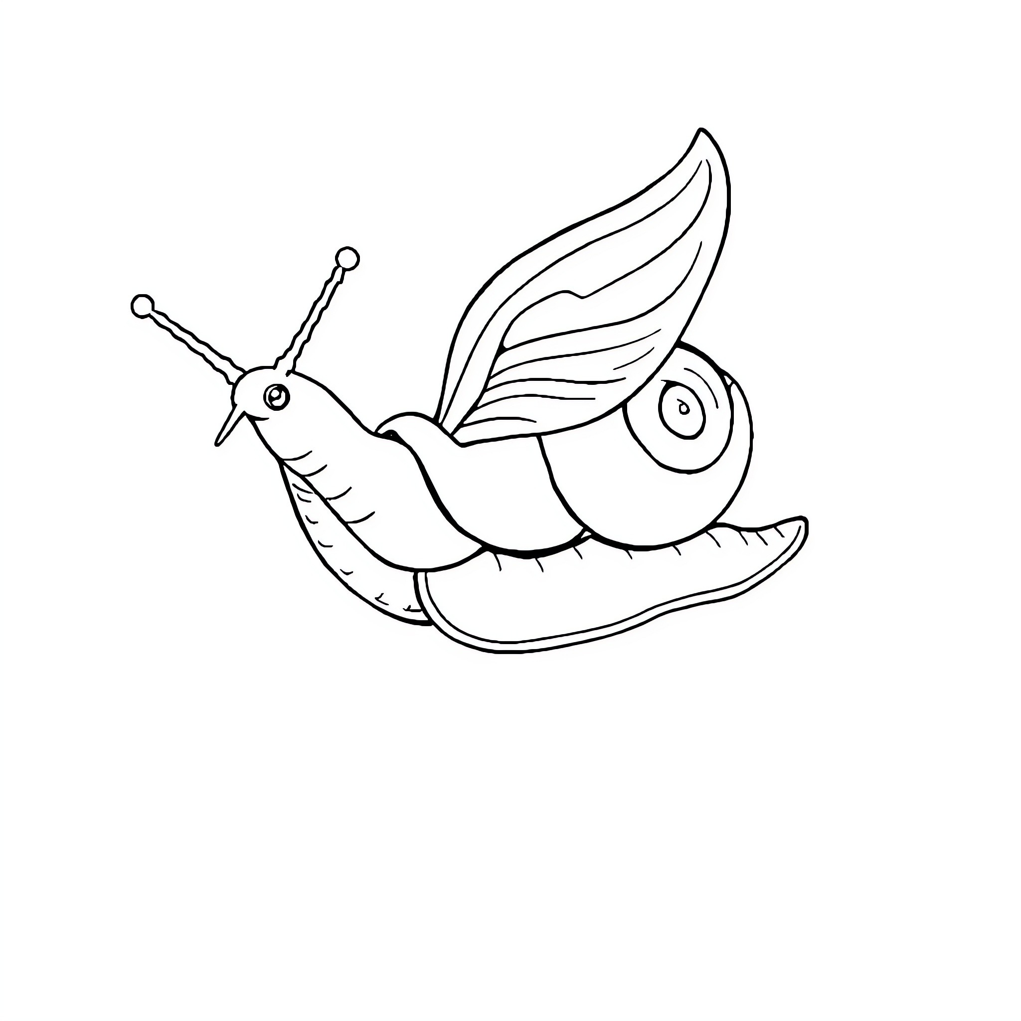Escargot taking flight with whimsical wings Coloring Page (free black-and-white line drawing printable PDF for all, from beginners to advanced learners, including children, teens, adults, and seniors)
