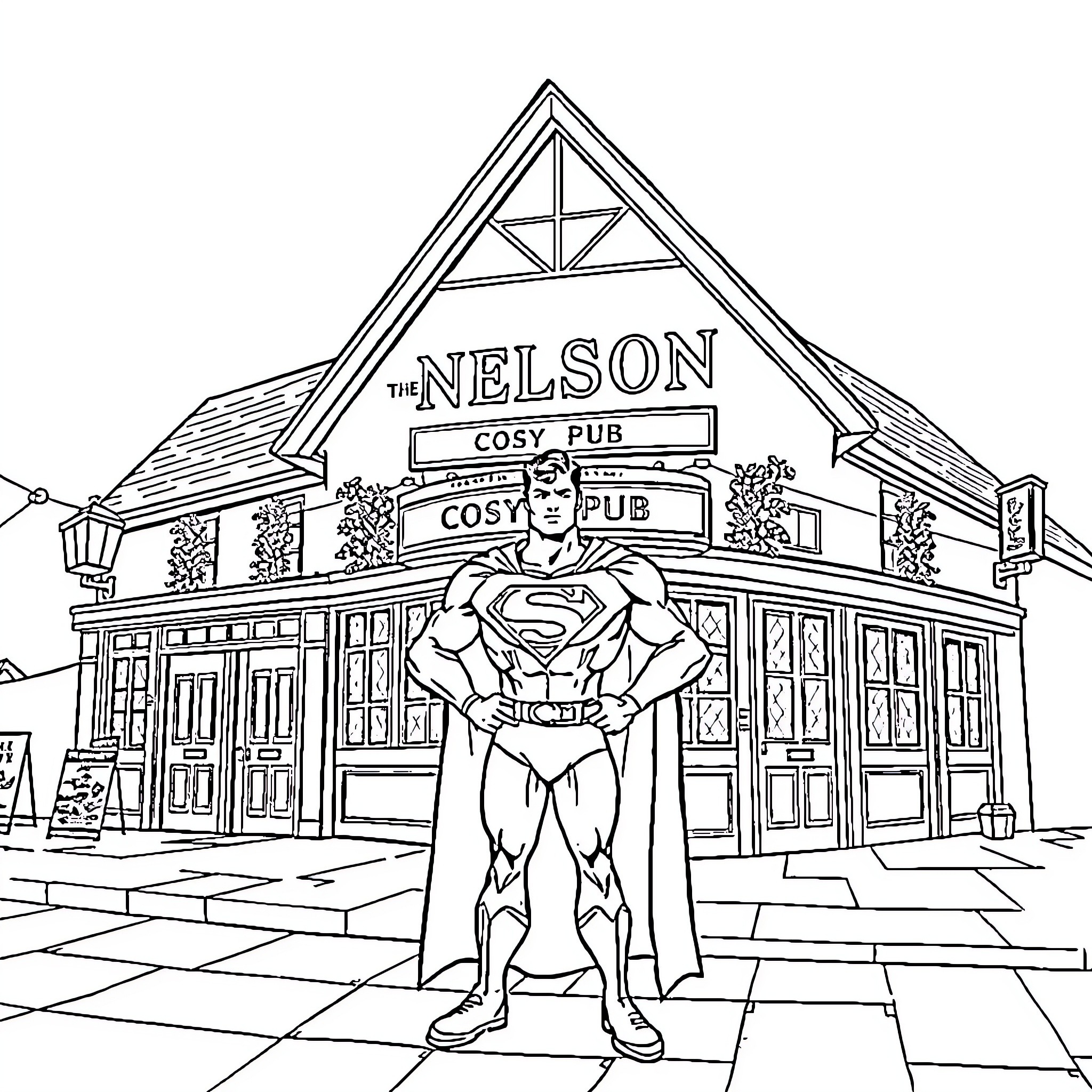 Superman standing heroically outside The Nelson Cosy Pub Coloring Page (free black-and-white line drawing printable PDF for all, from beginners to advanced learners, including children, teens, adults, and seniors)