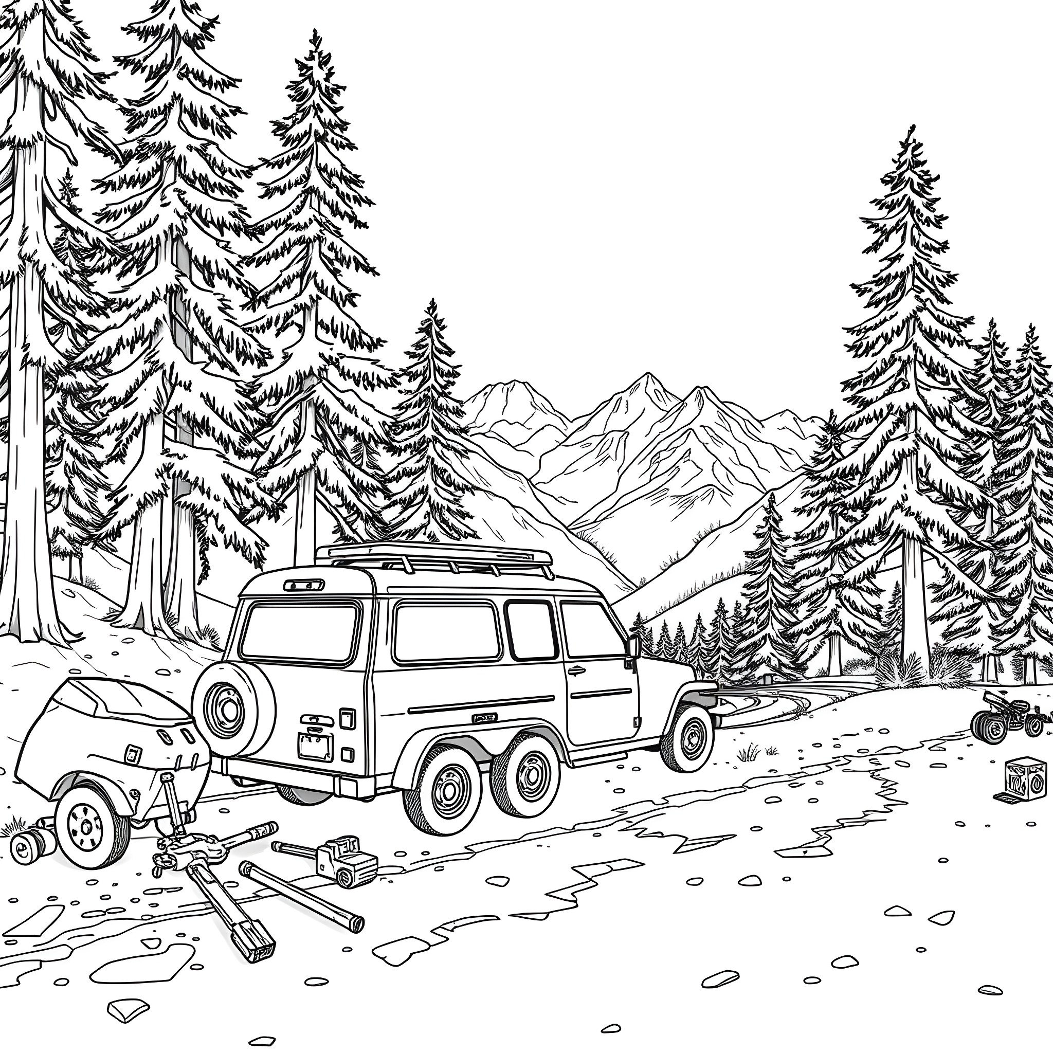 Car Trailer Parked in Snowy Mountain Landscape Coloring Page (free black-and-white line drawing printable PDF for all, from beginners to advanced learners, including children, teens, adults, and seniors)