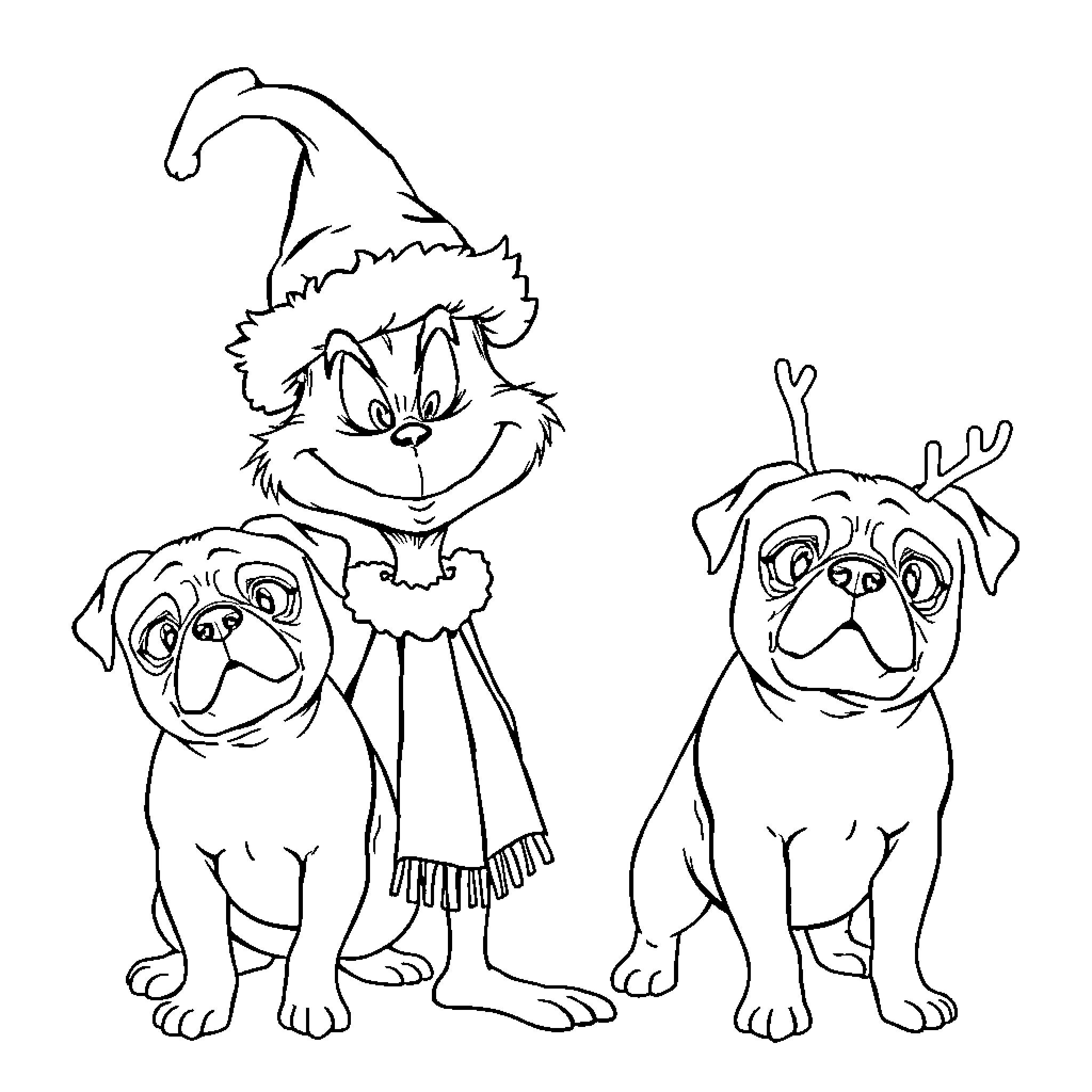 Grinch and his mischievous dog friends Coloring Page (free black-and-white line drawing printable PDF for all, from beginners to advanced learners, including children, teens, adults, and seniors)
