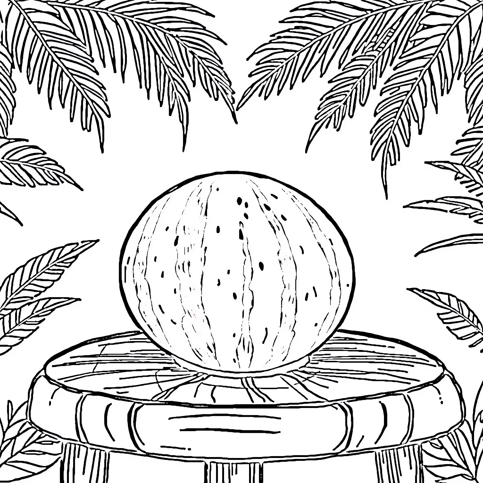 Watermelon floating on tropical leaves Coloring Page (free black-and-white line drawing printable PDF for all, from beginners to advanced learners, including children, teens, adults, and seniors)