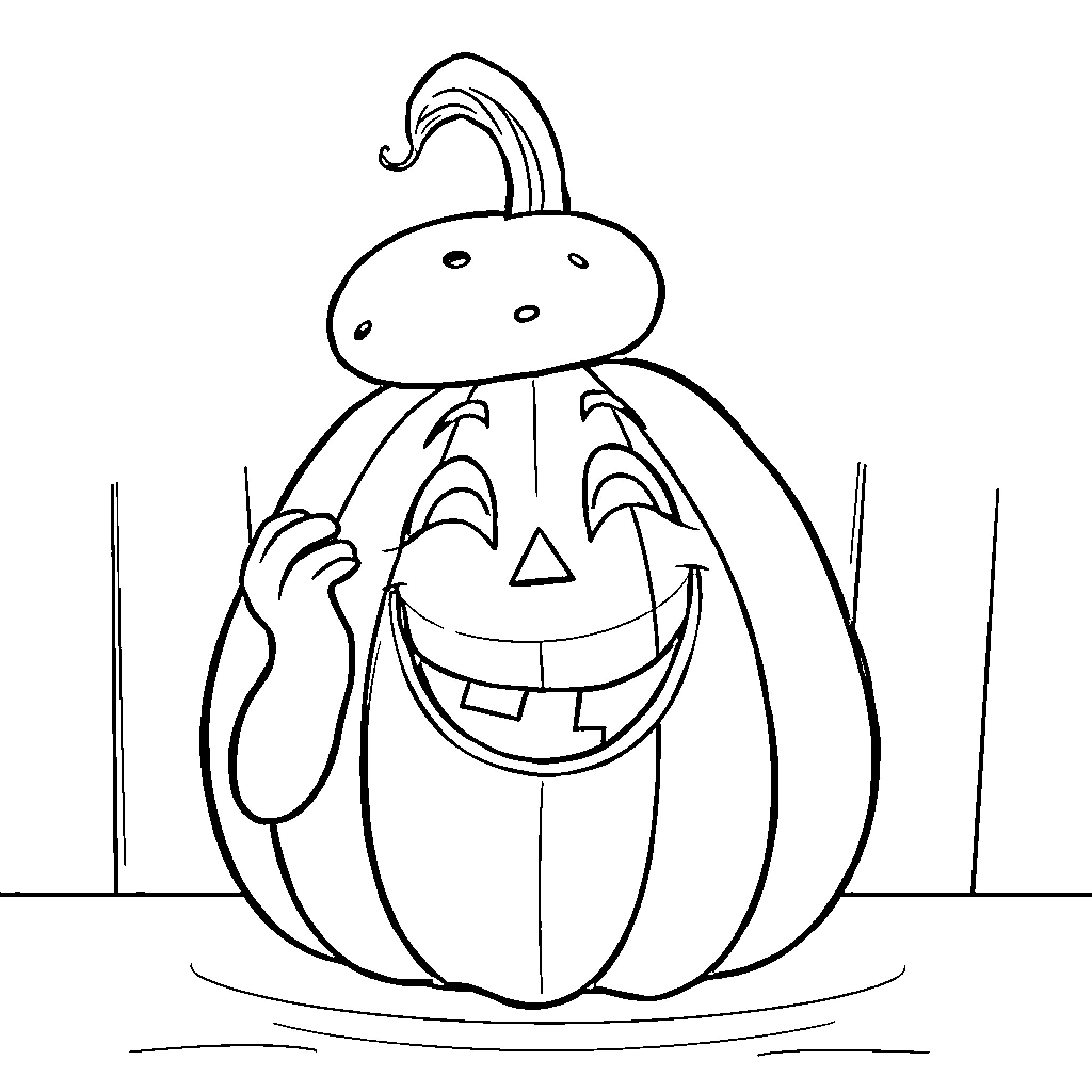 Pumpkin smiling with carved face Coloring Page (free black-and-white line drawing printable PDF for all, from beginners to advanced learners, including children, teens, adults, and seniors)
