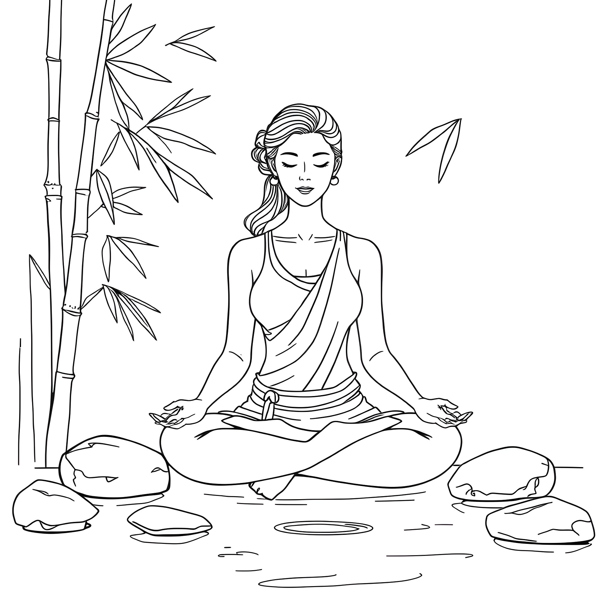 Woman meditating in serene natural setting Coloring Page (free black-and-white line drawing printable PDF for all, from beginners to advanced learners, including children, teens, adults, and seniors)