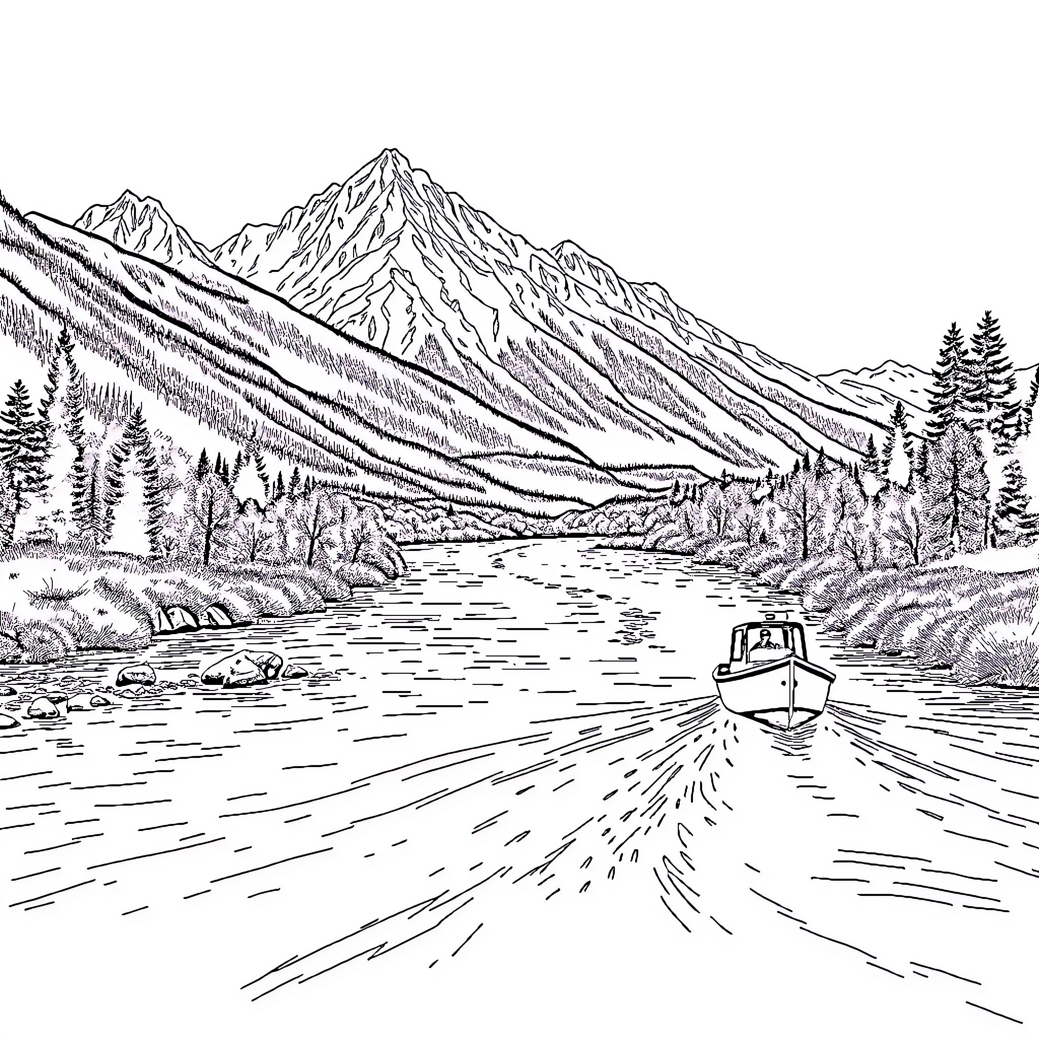 River flowing through majestic mountain landscape Coloring Page (free black-and-white line drawing printable PDF for all, from beginners to advanced learners, including children, teens, adults, and seniors)