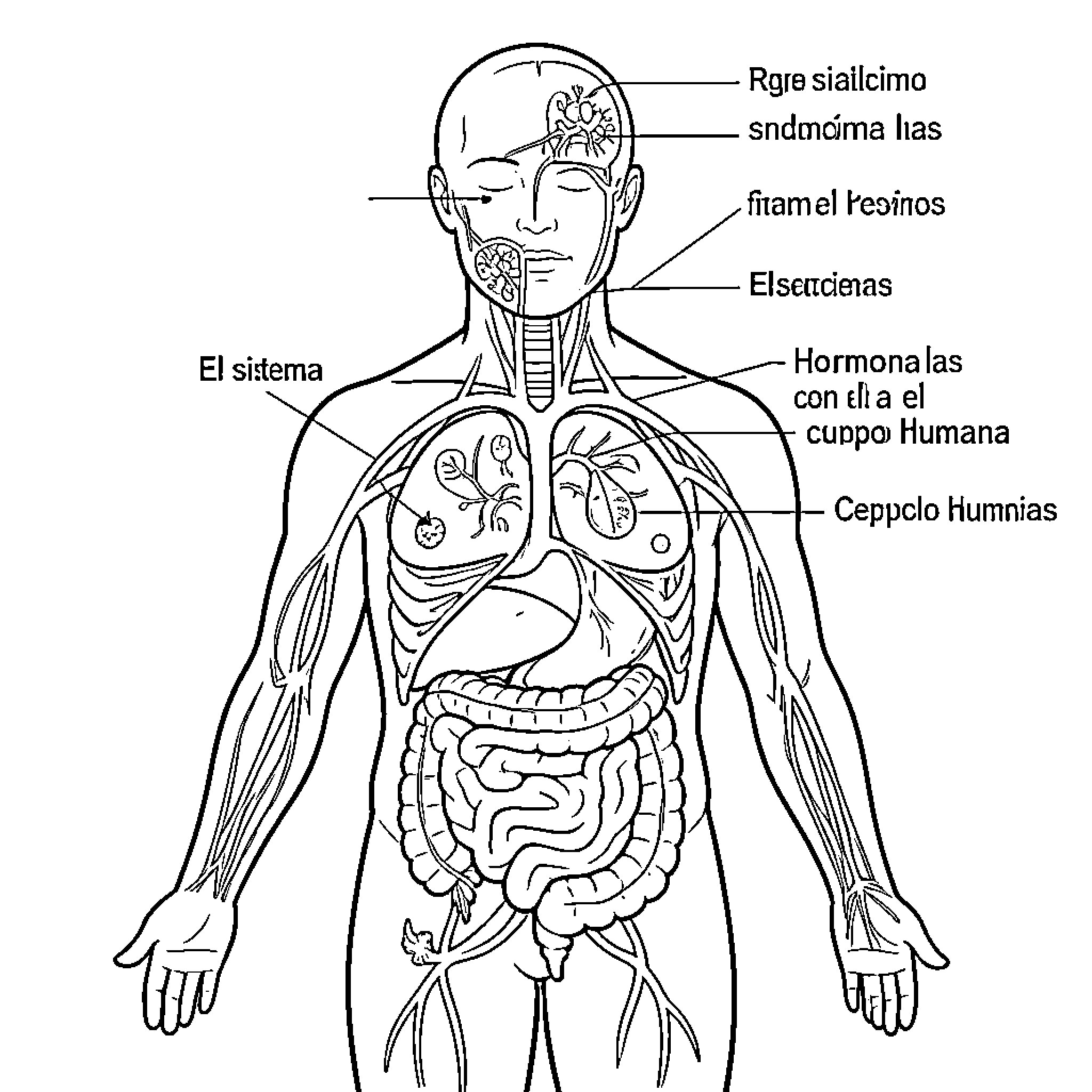 Endocrine System Diagram of Human Body Coloring Page (free black-and-white line drawing printable PDF for all, from beginners to advanced learners, including children, teens, adults, and seniors)