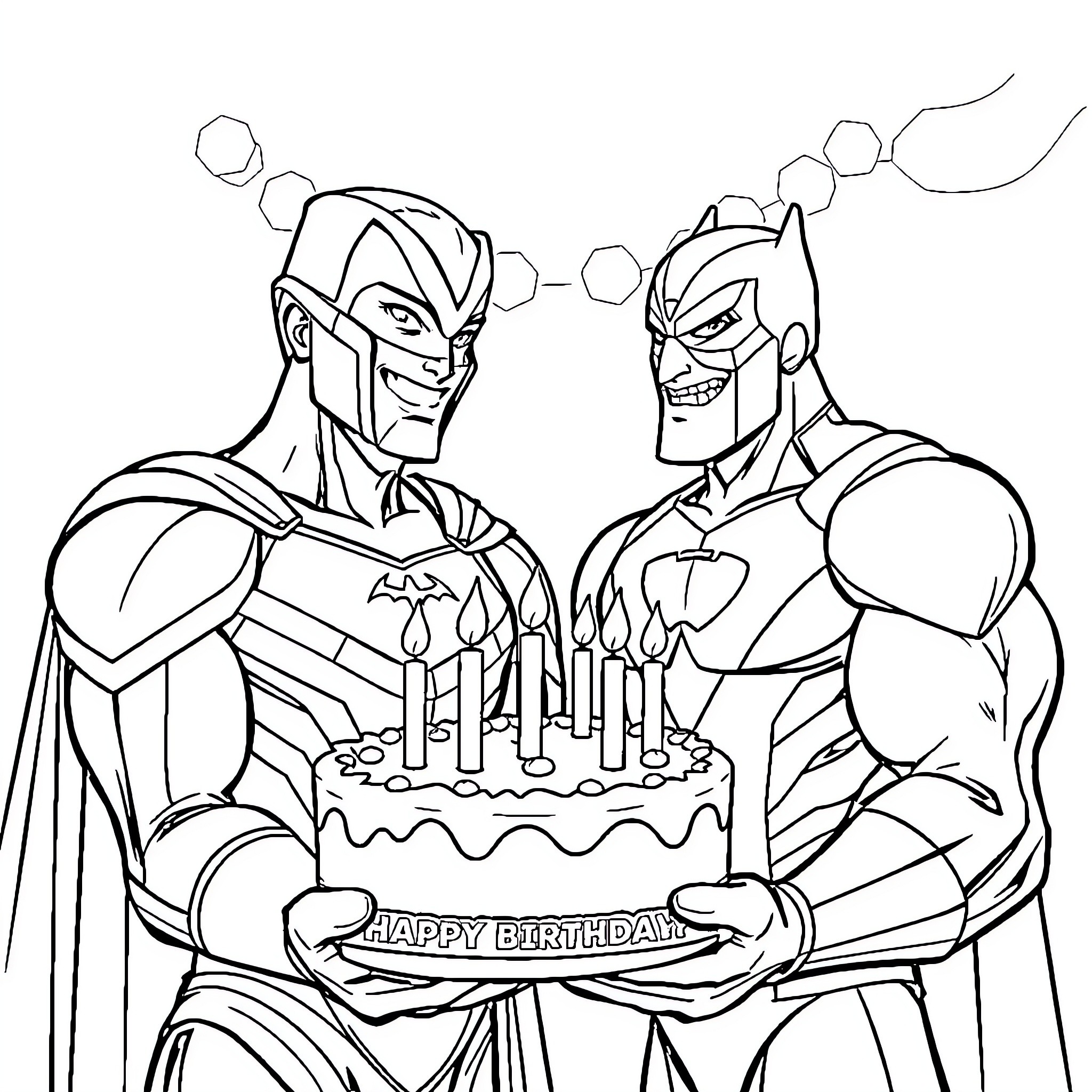 Omni Man Celebrates Birthday with Supervillain Companion Coloring Page (free black-and-white line drawing printable PDF for all, from beginners to advanced learners, including children, teens, adults, and seniors)