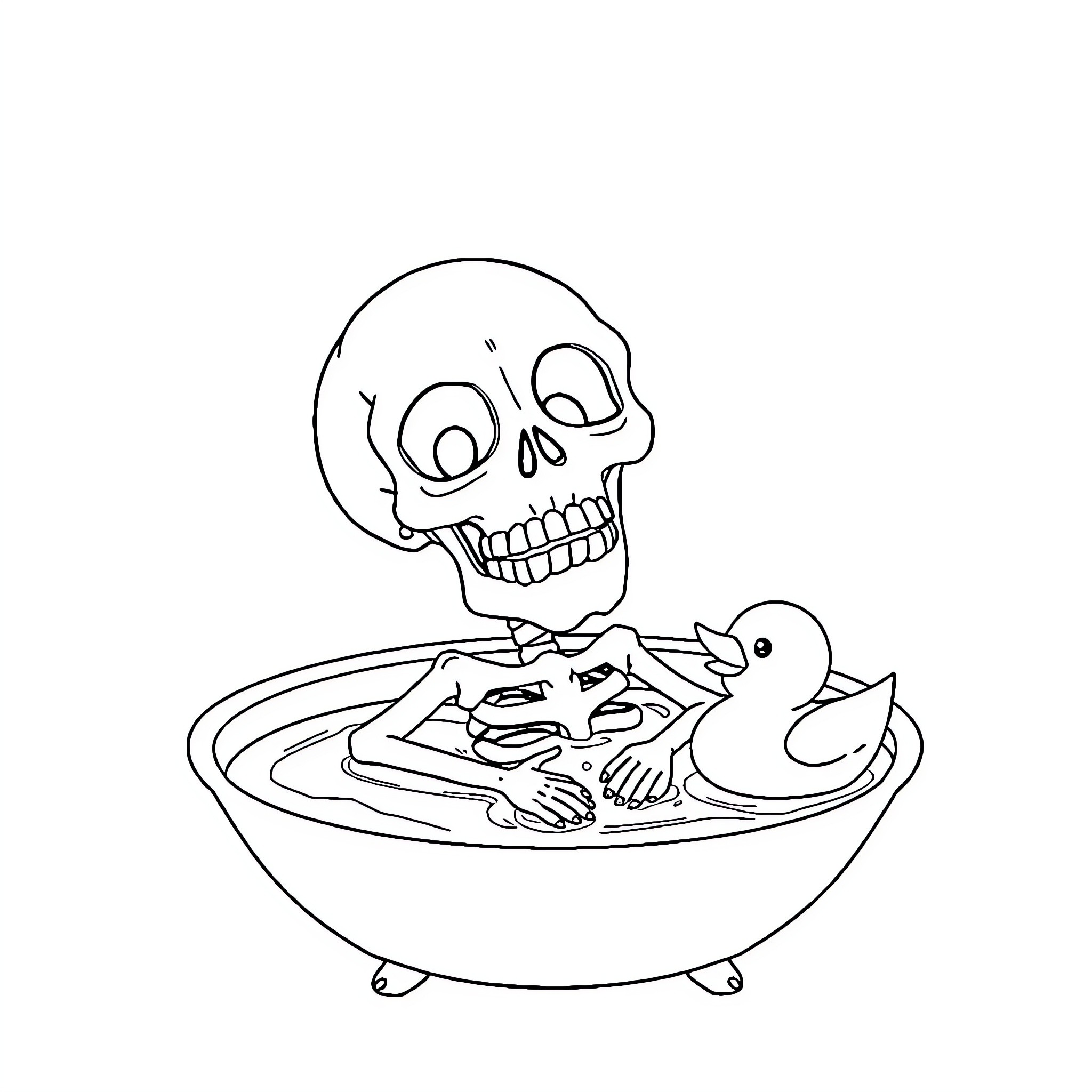 Skull Relaxing in Bathtub with Rubber Duck Coloring Page (free black-and-white line drawing printable PDF for all, from beginners to advanced learners, including children, teens, adults, and seniors)