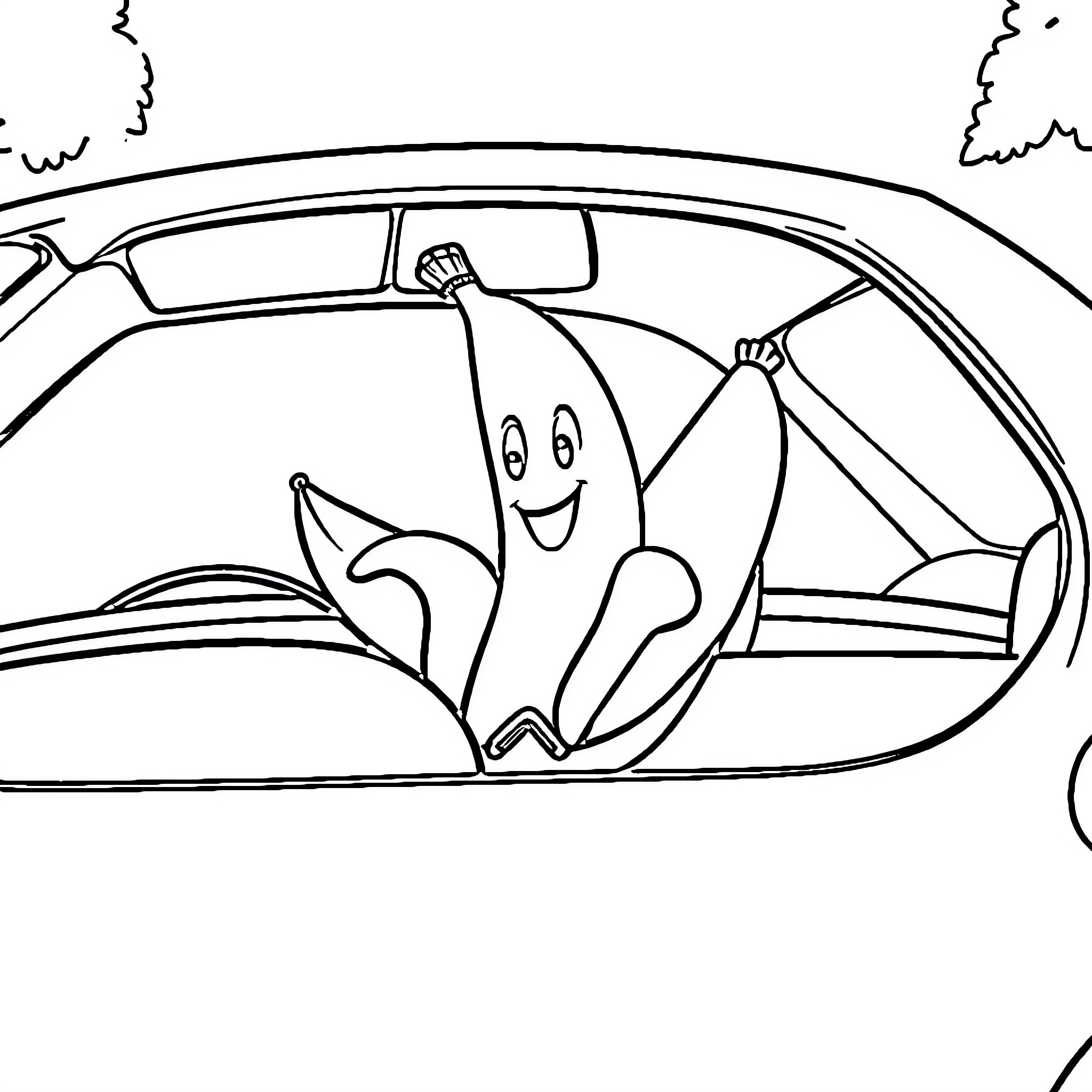Banana enjoying a ride in the car Coloring Page (free black-and-white line drawing printable PDF for all, from beginners to advanced learners, including children, teens, adults, and seniors)