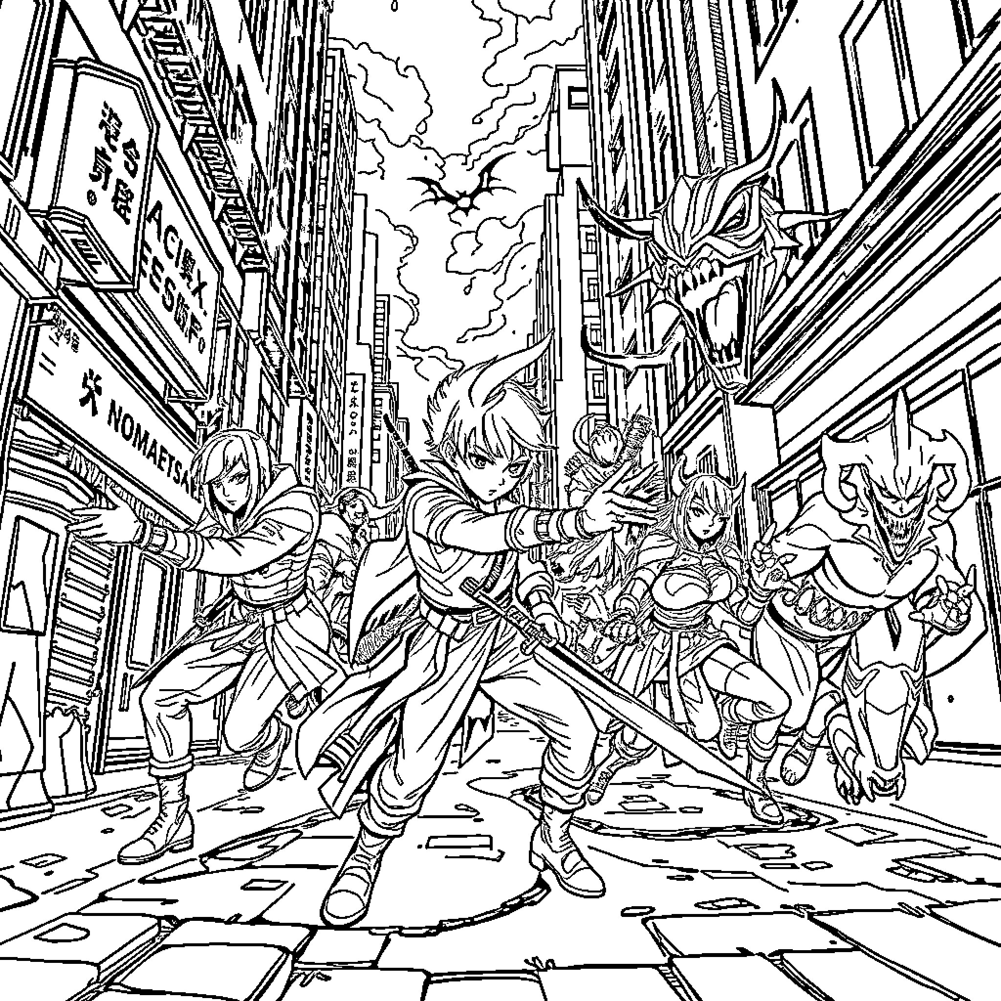 Demon Hunter battling fierce demons in a gritty urban cityscape Coloring Page (free black-and-white line drawing printable PDF for all, from beginners to advanced learners, including children, teens, adults, and seniors)
