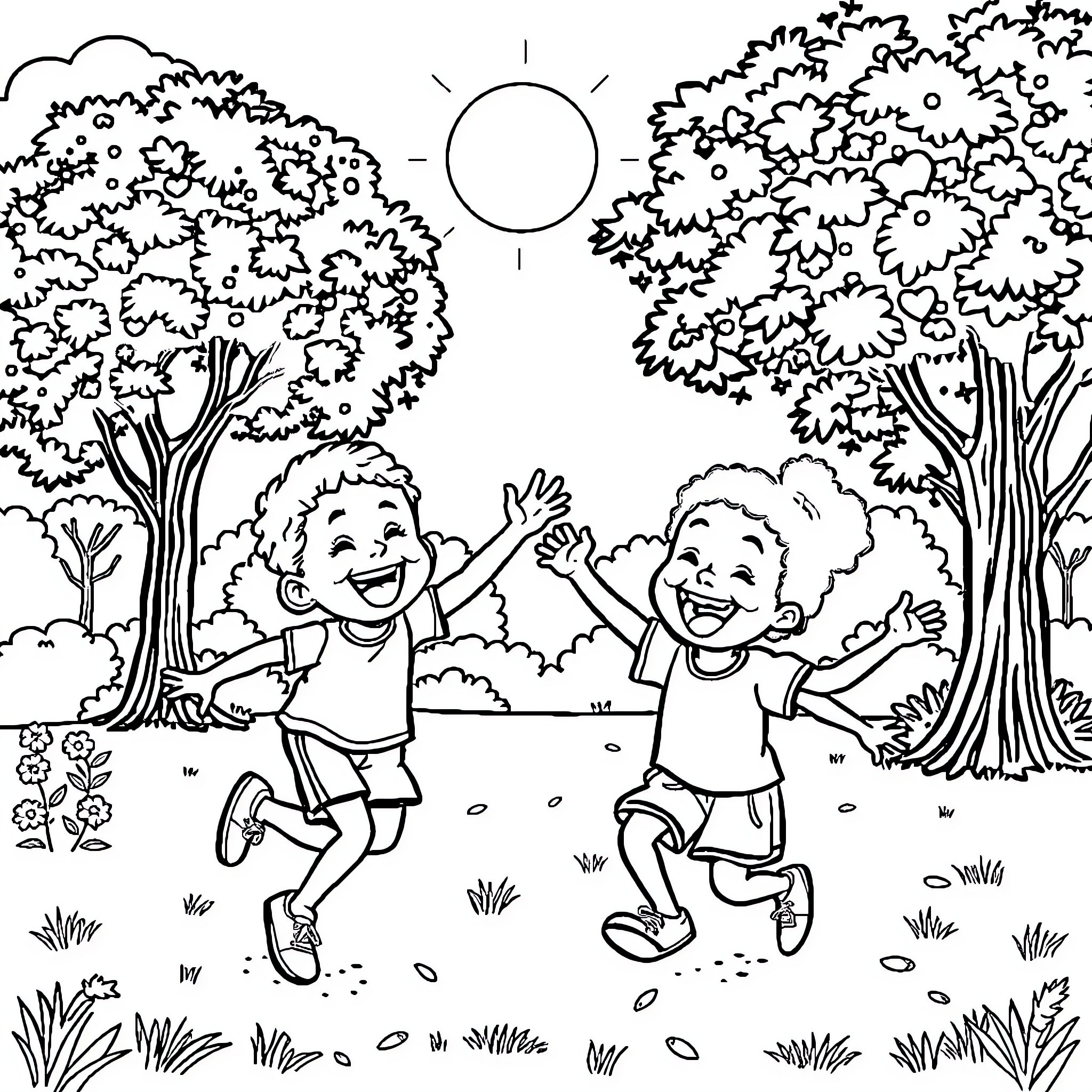 Kids enjoying outdoors with joyful expressions Coloring Page (free black-and-white line drawing printable PDF for all, from beginners to advanced learners, including children, teens, adults, and seniors)