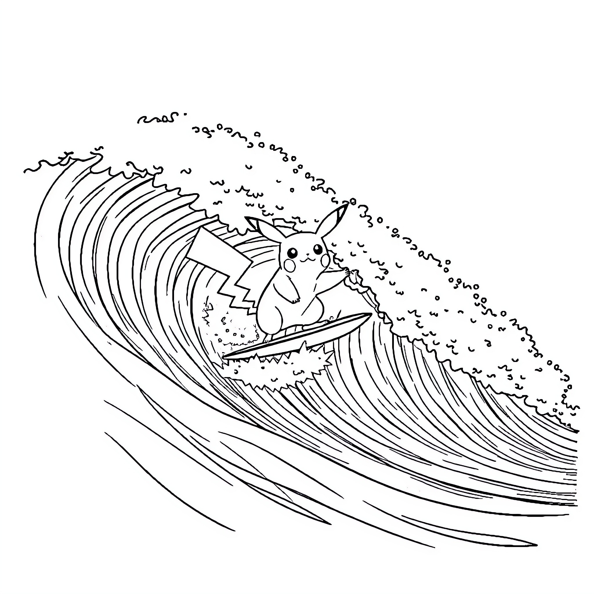 Pikachu surfing a giant wave Coloring Page (free black-and-white line drawing printable PDF for all, from beginners to advanced learners, including children, teens, adults, and seniors)