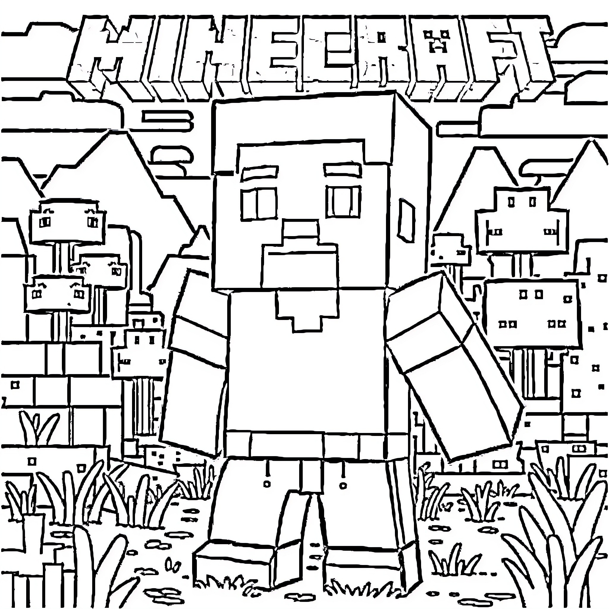 Steve's Pixelated Adventure in the Minecraft World Coloring Page (free black-and-white line drawing printable PDF for all, from beginners to advanced learners, including children, teens, adults, and seniors)