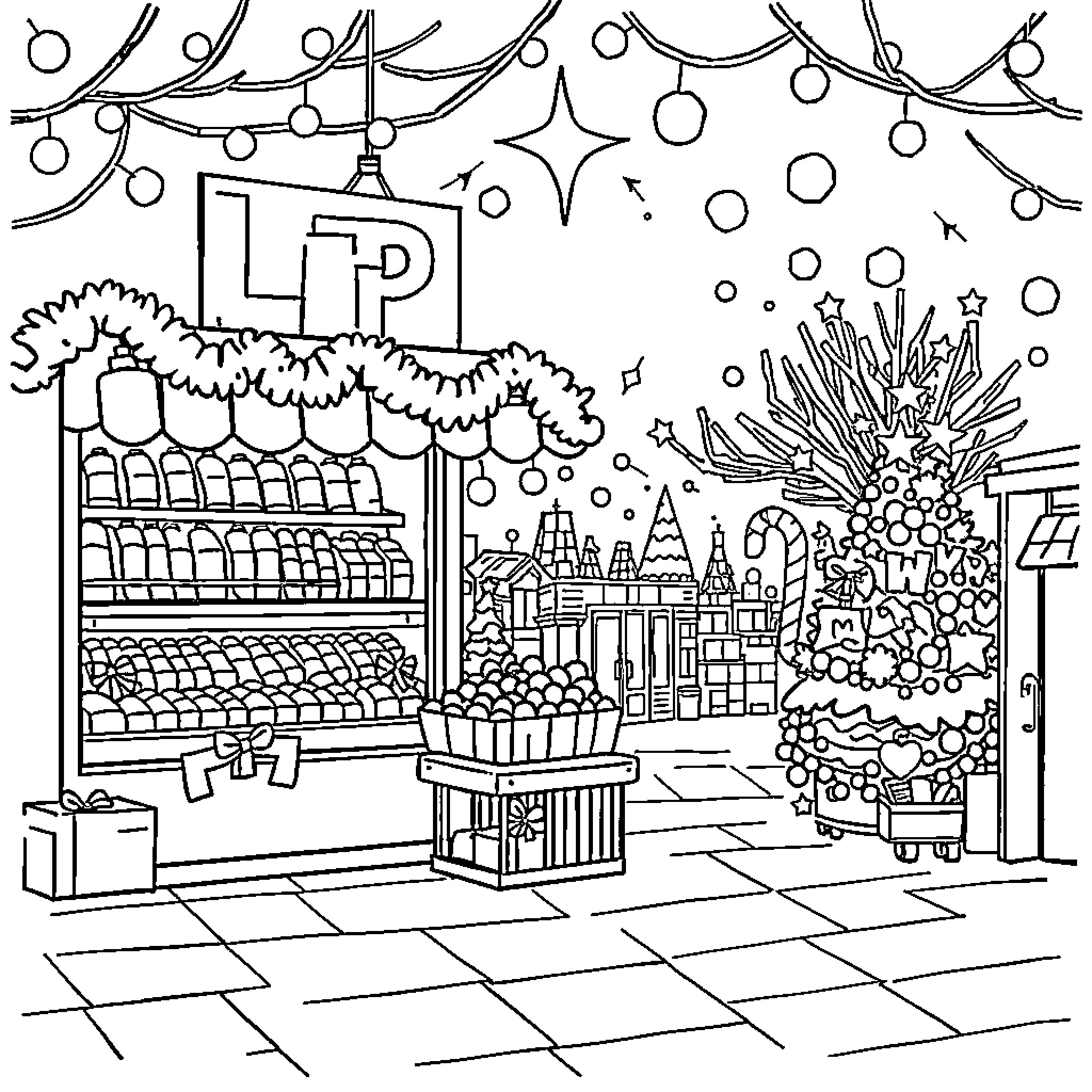 Christmas decorations and market scene Coloring Page (free black-and-white line drawing printable PDF for all, from beginners to advanced learners, including children, teens, adults, and seniors)