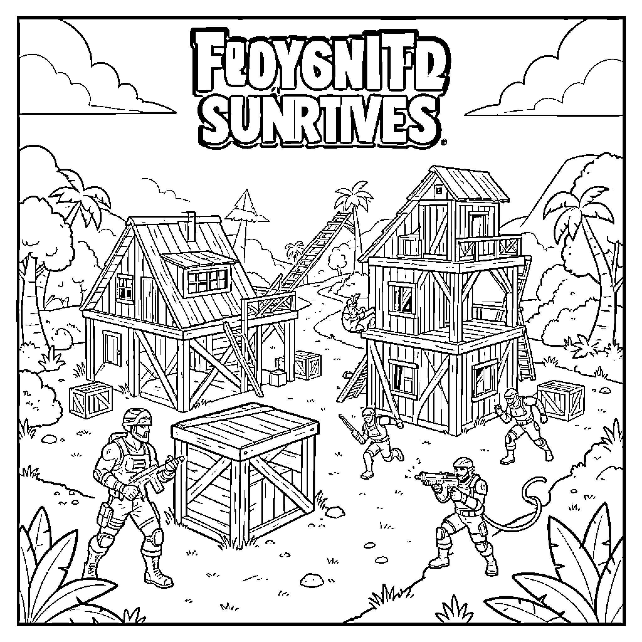 Fortnite Sunrives Action-Packed Survival Scene Coloring Page (free black-and-white line drawing printable PDF for all, from beginners to advanced learners, including children, teens, adults, and seniors)