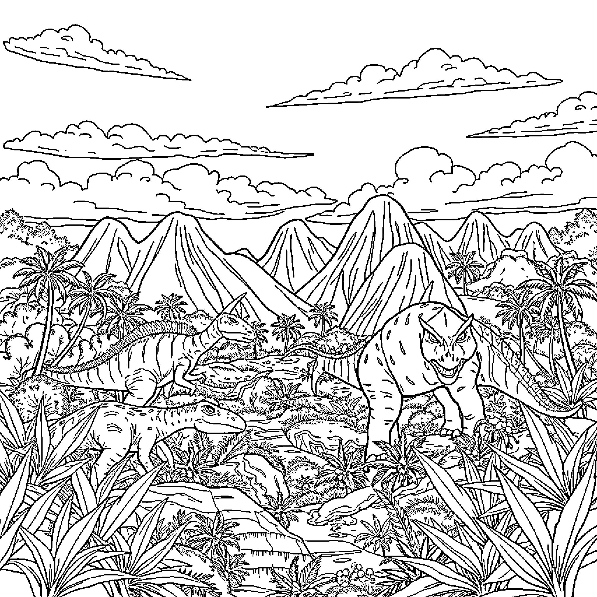 Dinosaurs roaming through prehistoric landscape Coloring Page (free black-and-white line drawing printable PDF for all, from beginners to advanced learners, including children, teens, adults, and seniors)