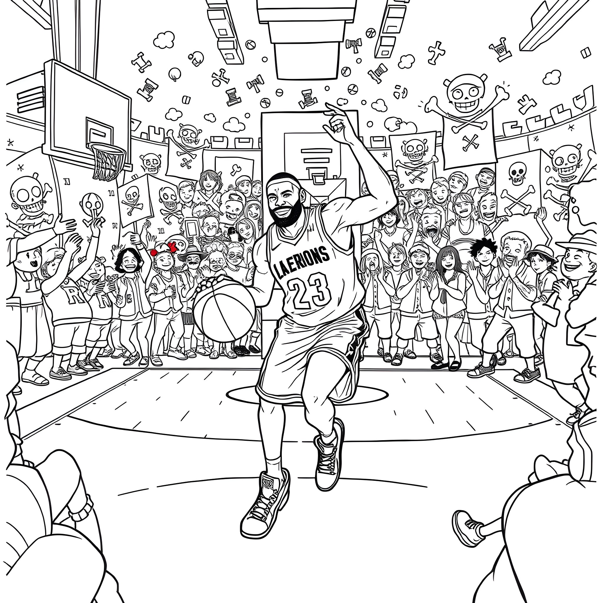 LeBron James Celebrating with Fans in Cartoon-Style Basketball Court Coloring Page (free black-and-white line drawing printable PDF for all, from beginners to advanced learners, including children, teens, adults, and seniors)